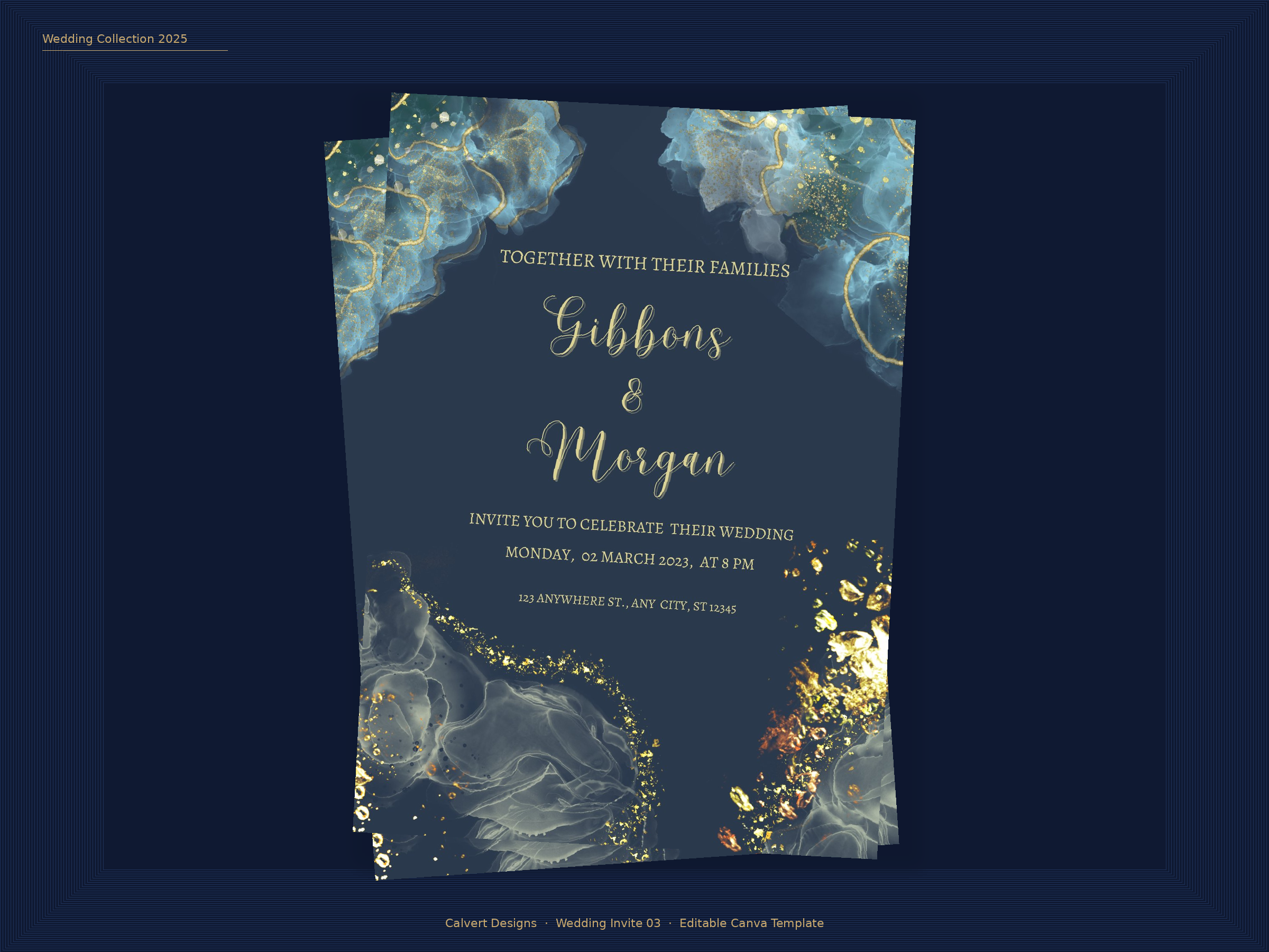 Wedding Invitation — Editable Canva Template | Navy & Gold
