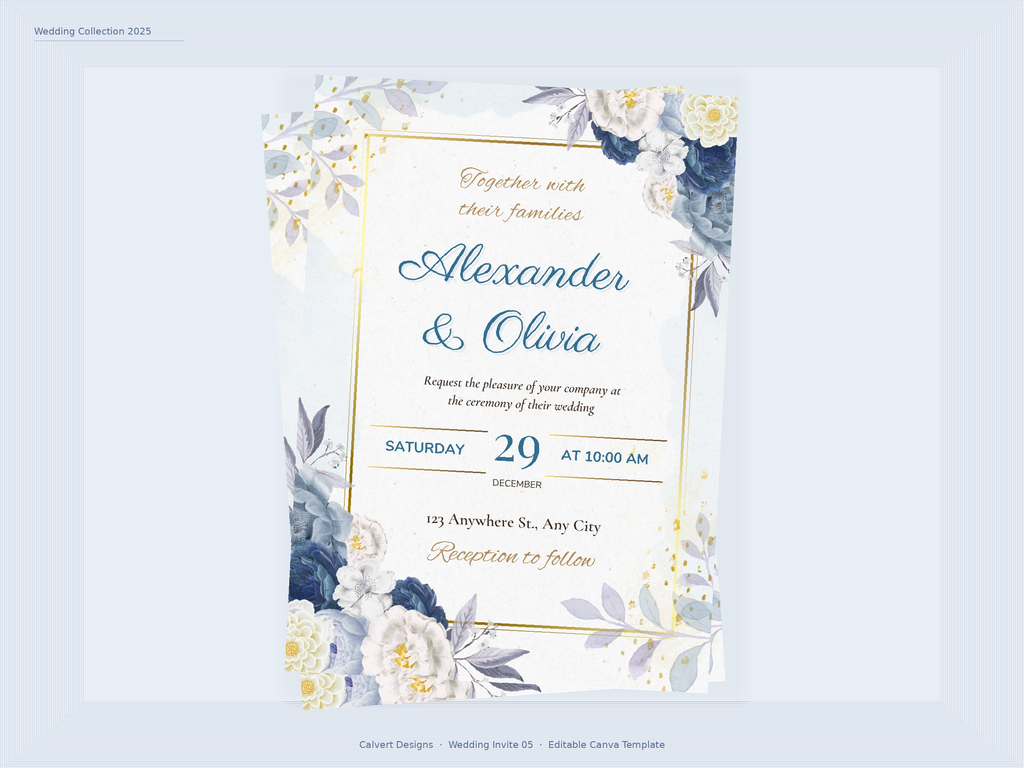Wedding Invitation — Editable Canva Template | Blue Floral