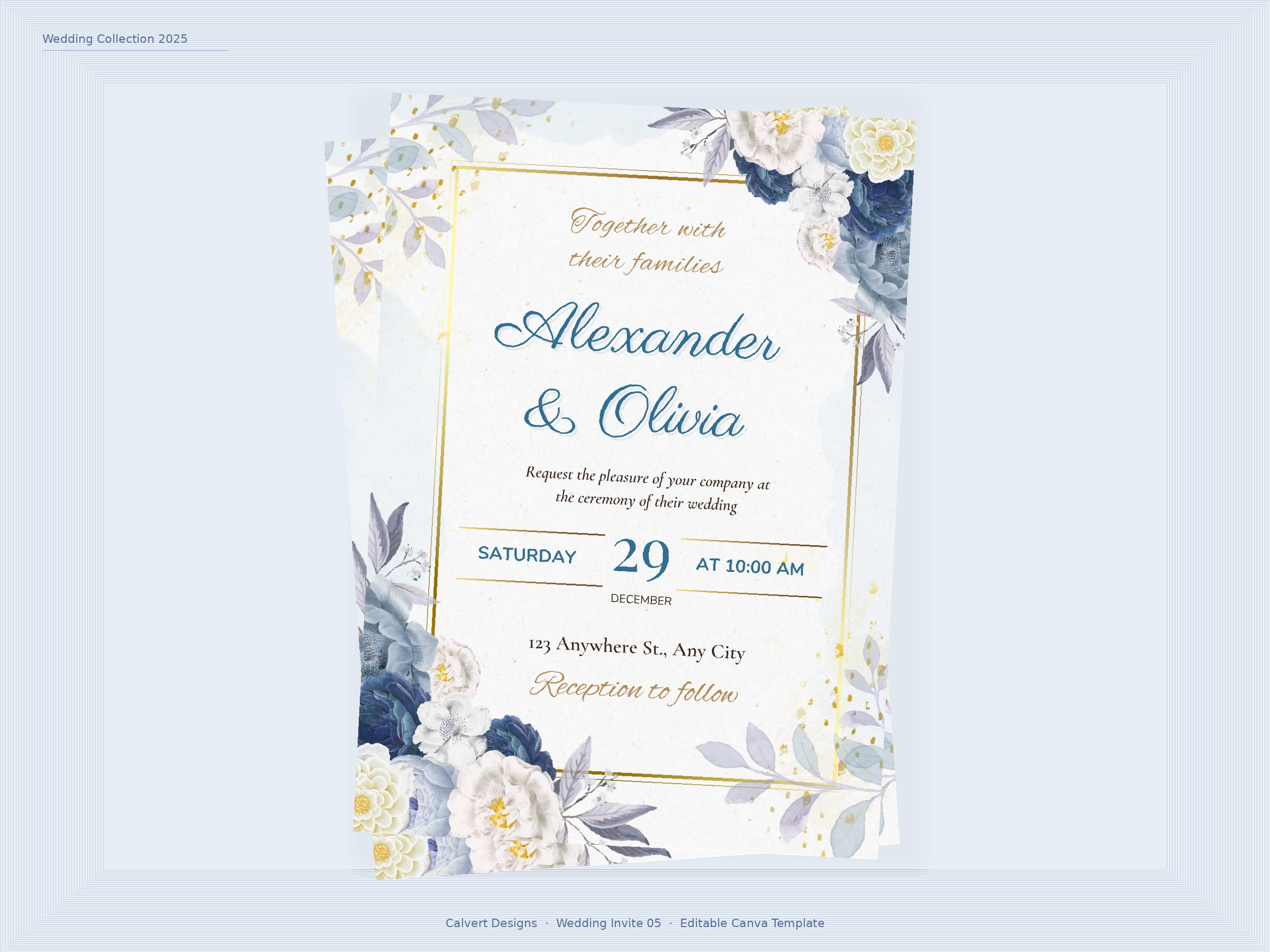 Wedding Invitation — Editable Canva Template | Blue Floral