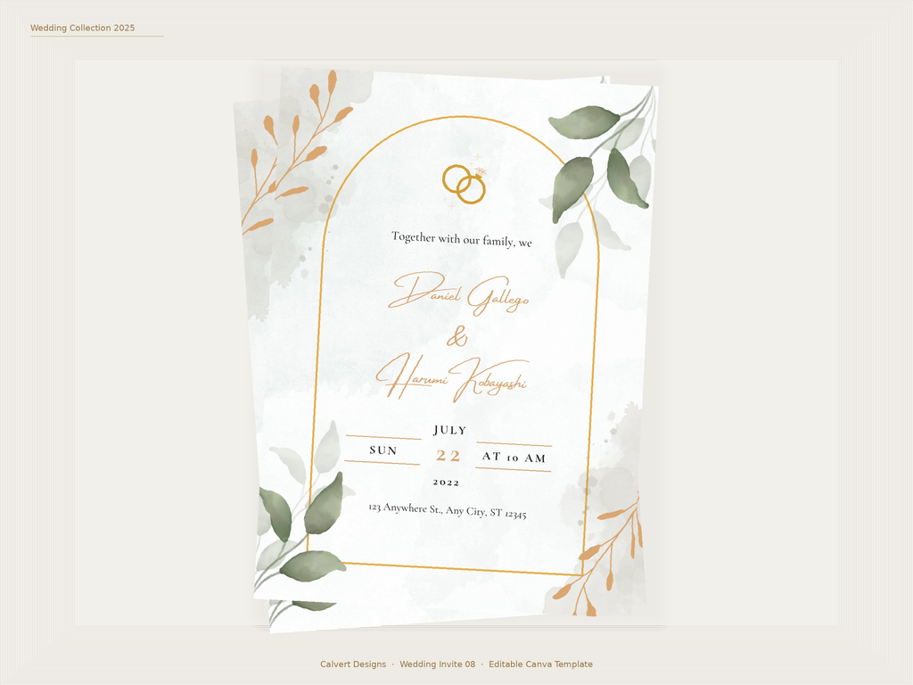 Wedding Invitation — Editable Canva Template | Gold Arch Botanical