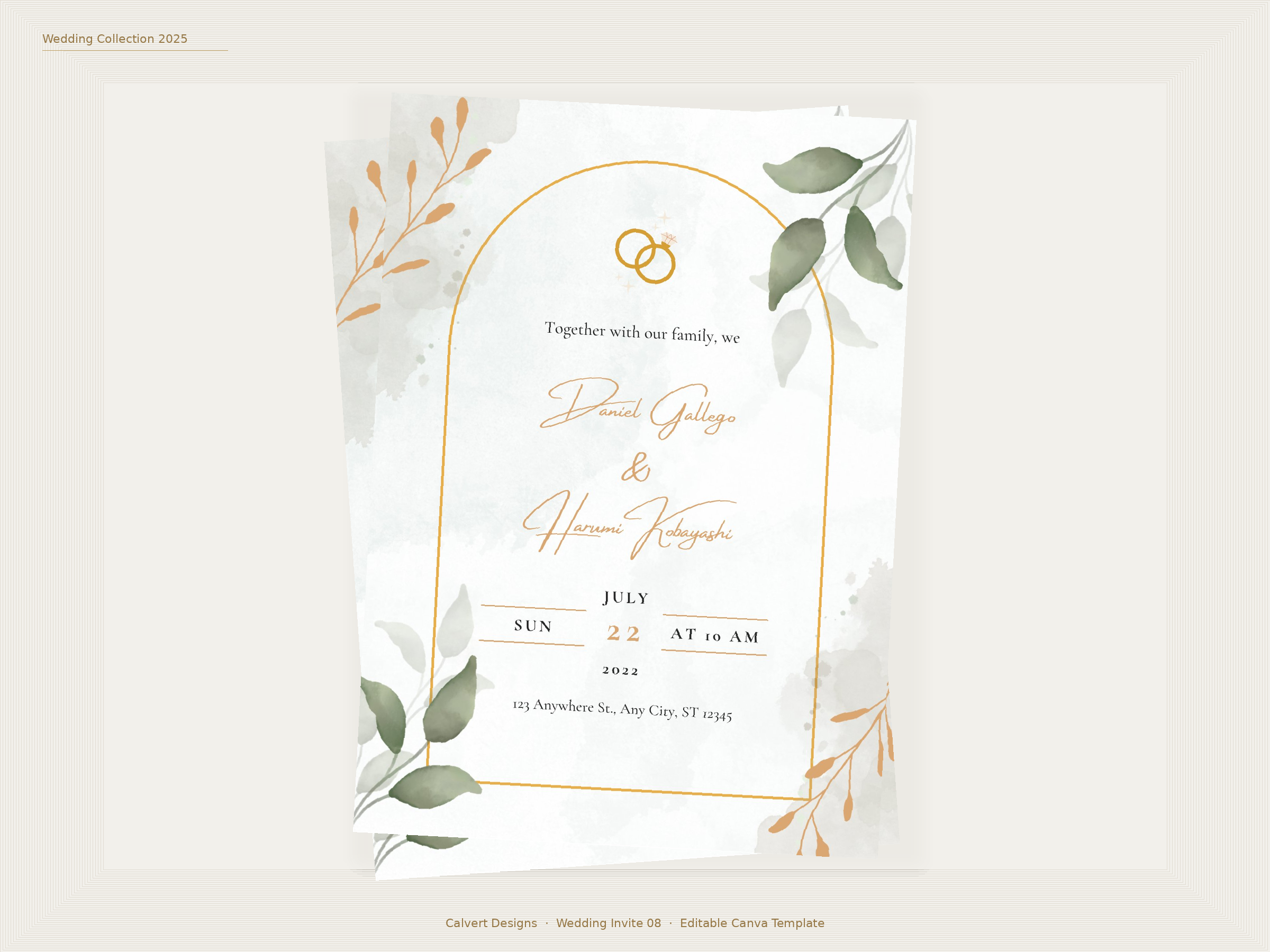 Wedding Invitation — Editable Canva Template | Gold Arch Botanical