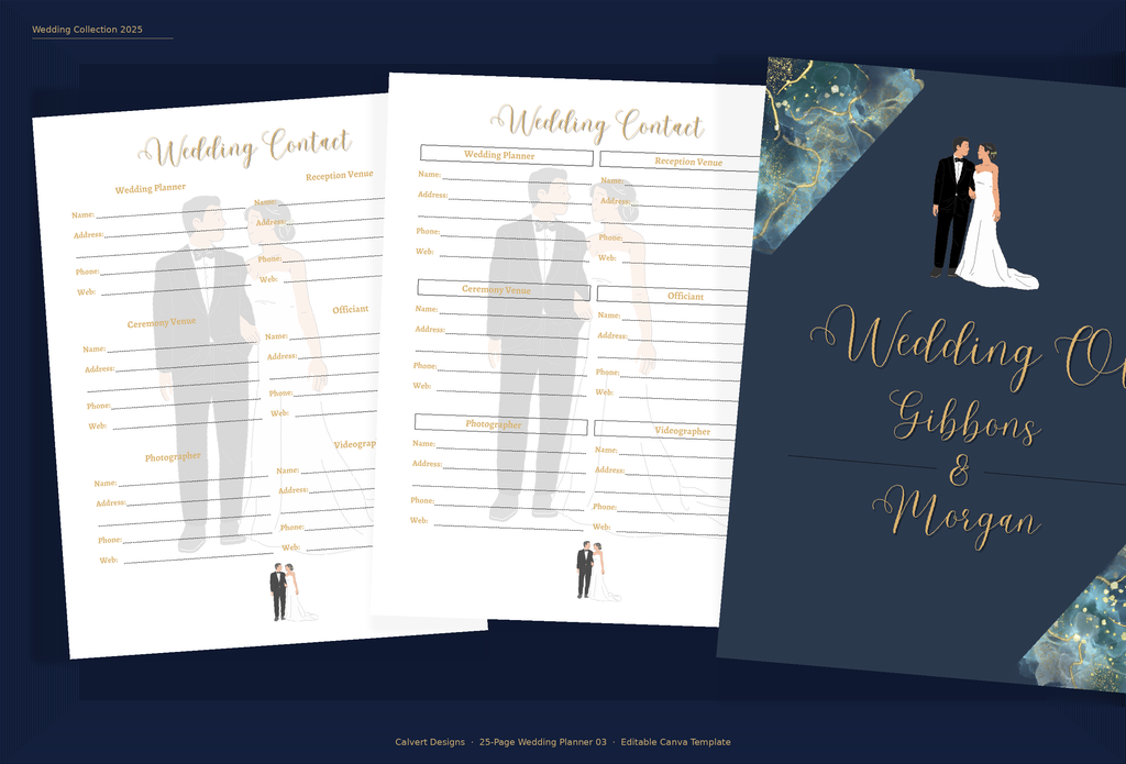 Wedding Planner — Editable Canva Template (25 Pages) | Navy & Gold