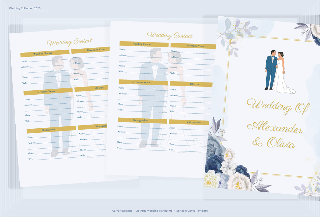 Wedding Planner — Editable Canva Template (25 Pages) | Blue Floral