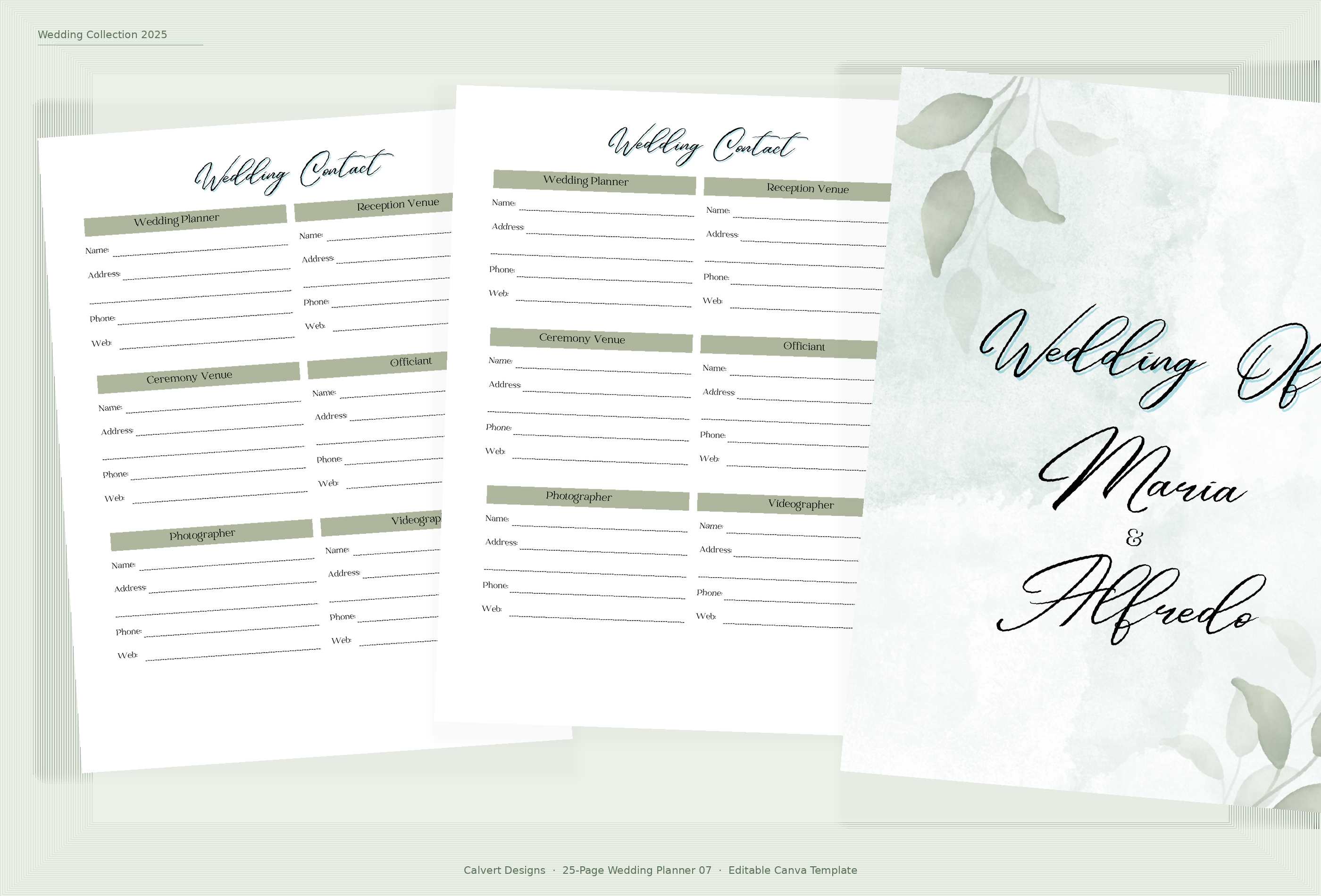 Wedding Planner — Editable Canva Template (25 Pages) | Sage Green Botanical