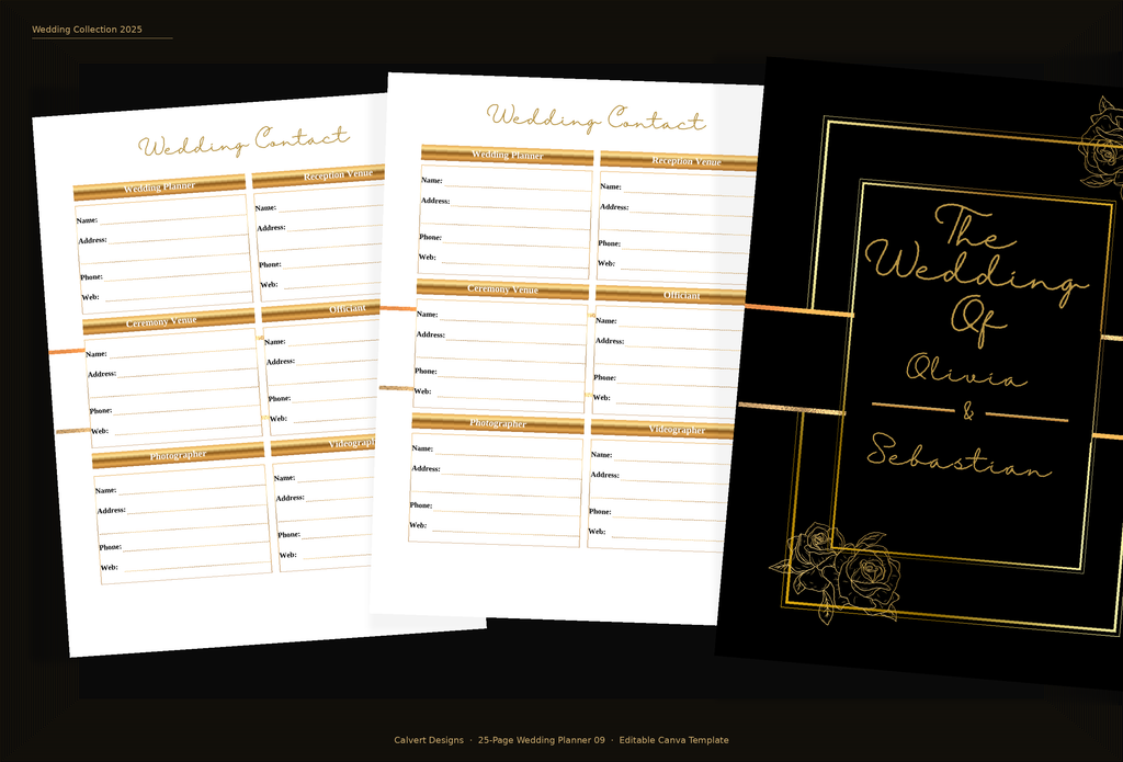 Wedding Planner — Editable Canva Template (25 Pages) | Black & Gold Roses