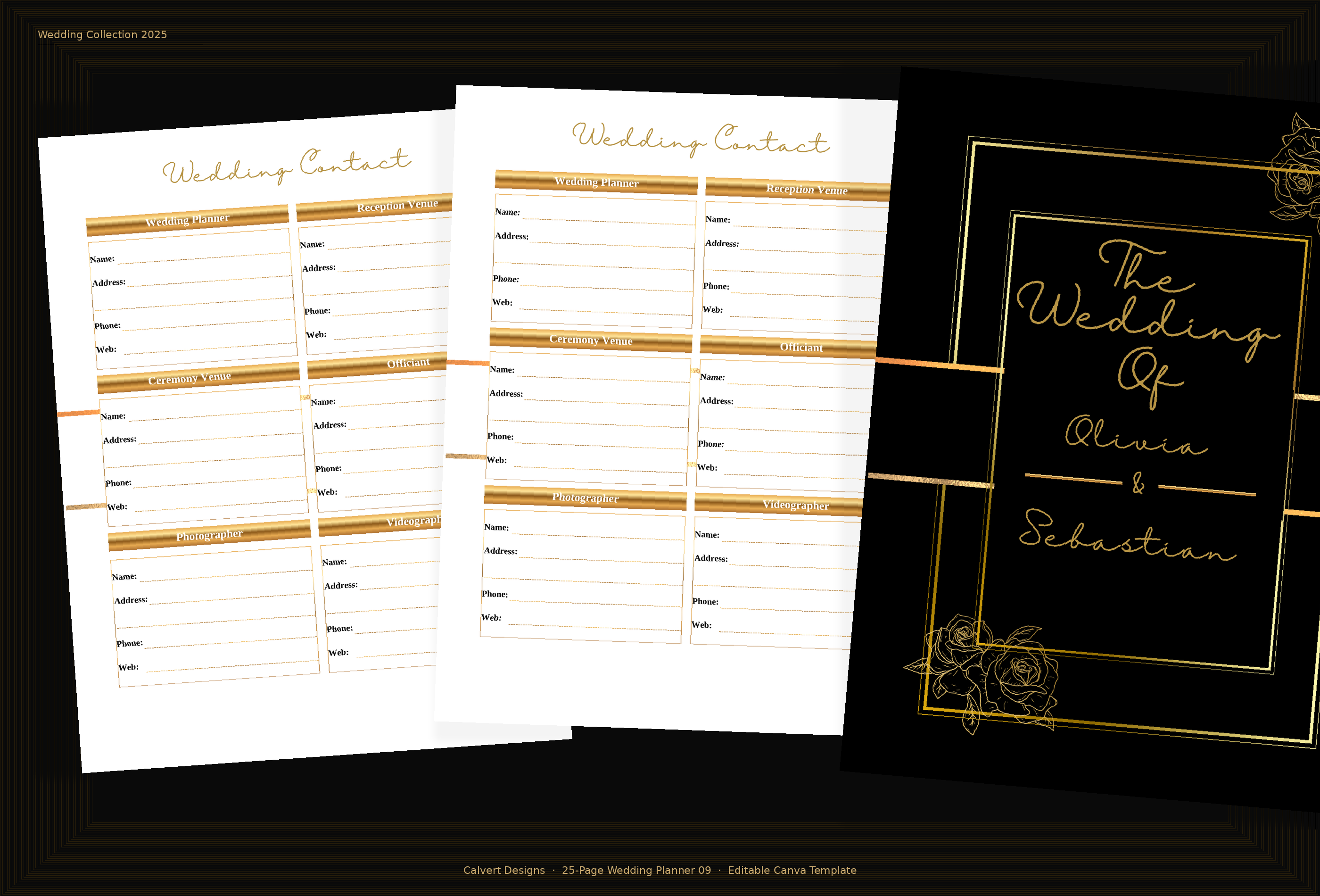 Wedding Planner — Editable Canva Template (25 Pages) | Black & Gold Roses