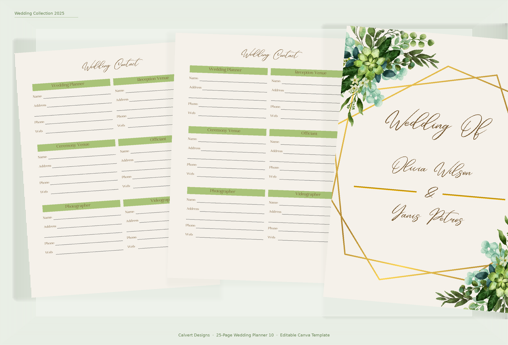 Wedding Planner — Editable Canva Template (25 Pages) | Succulent & Eucalyptus