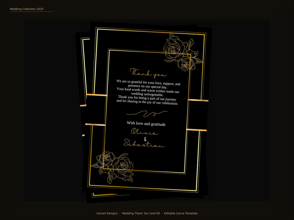 Wedding Thank You Card — Editable Canva Template | Black & Gold Roses