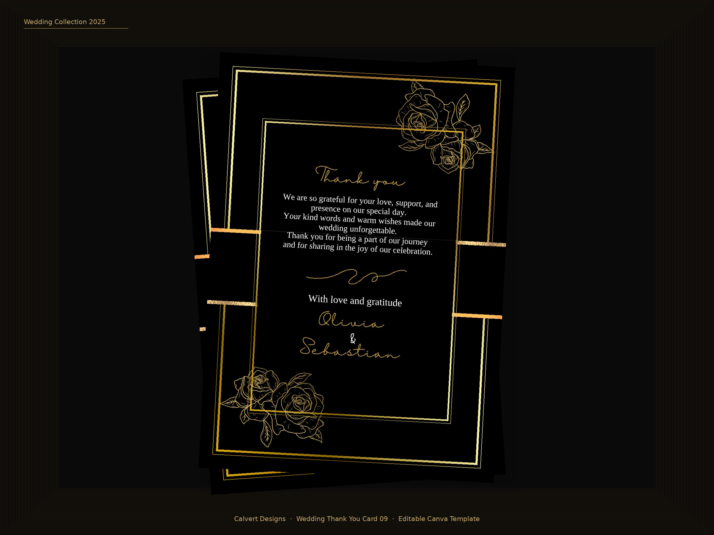 Wedding Thank You Card — Editable Canva Template | Black & Gold Roses