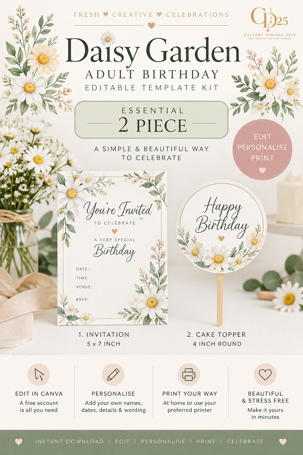 Daisy Garden adult birthday 2-piece editable celebration kit