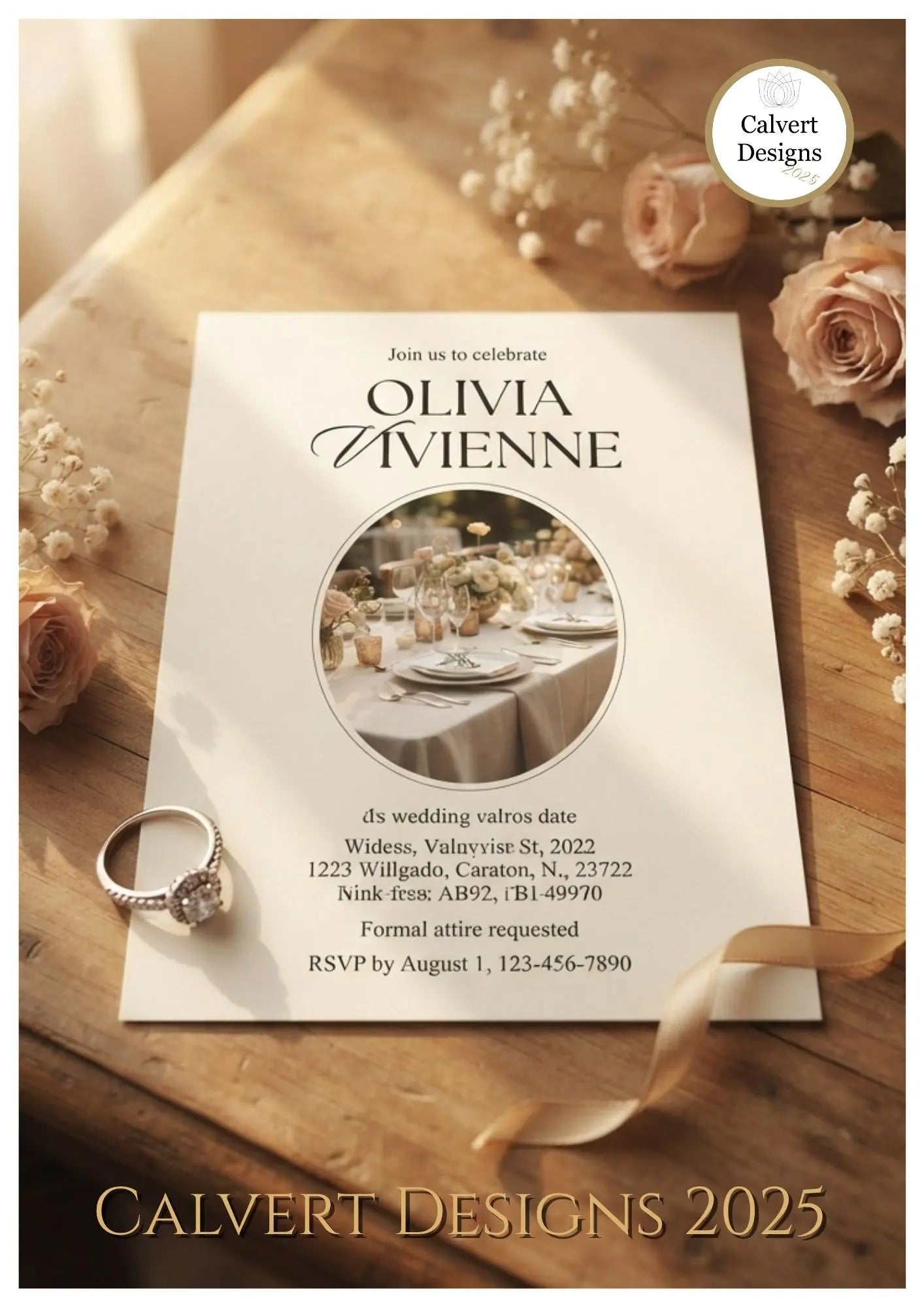 Elegant Oval Table Engagement Invitation – Editable Canva Template