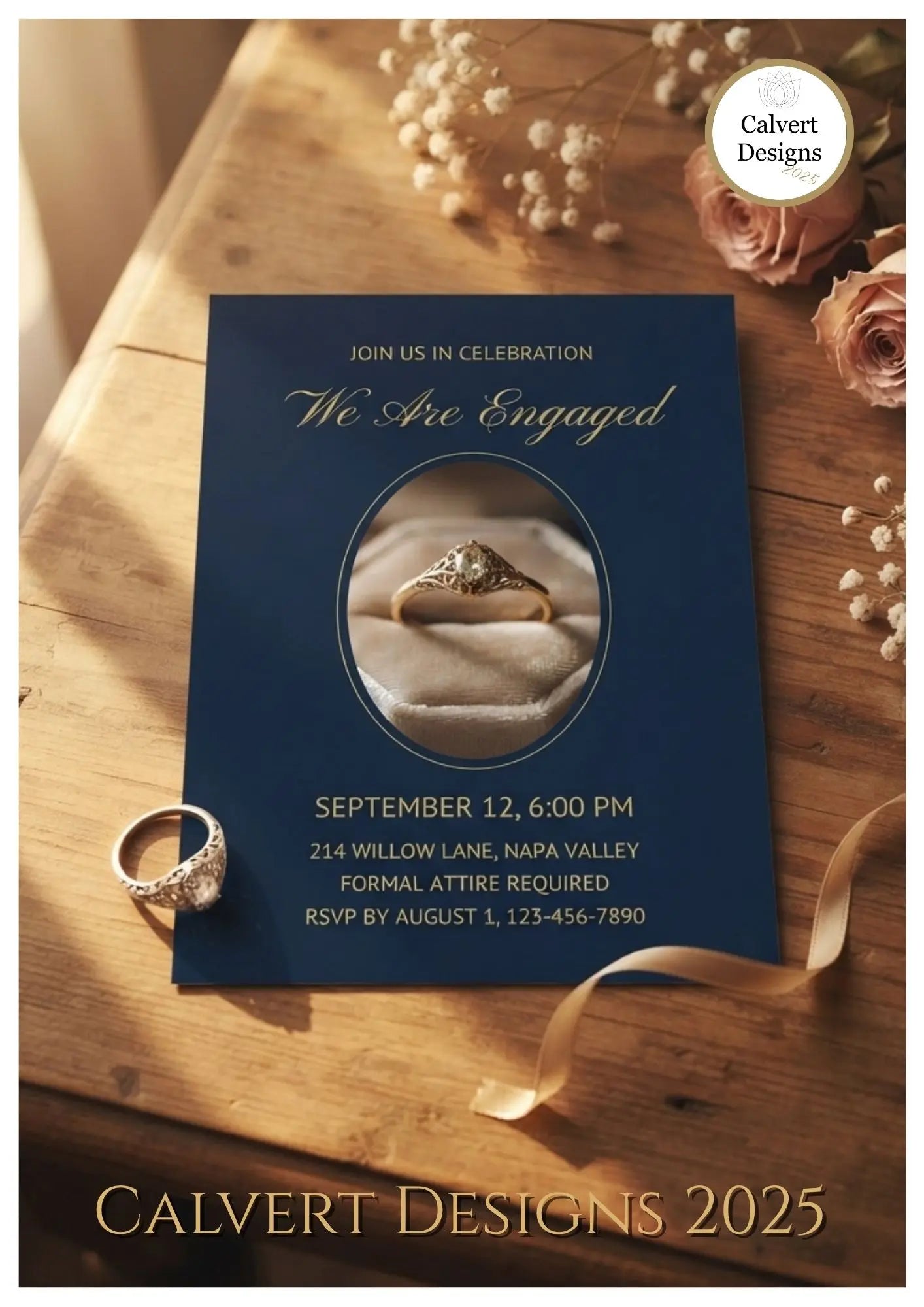 Navy & Gold Formal Engagement Invitation – Editable Canva Template