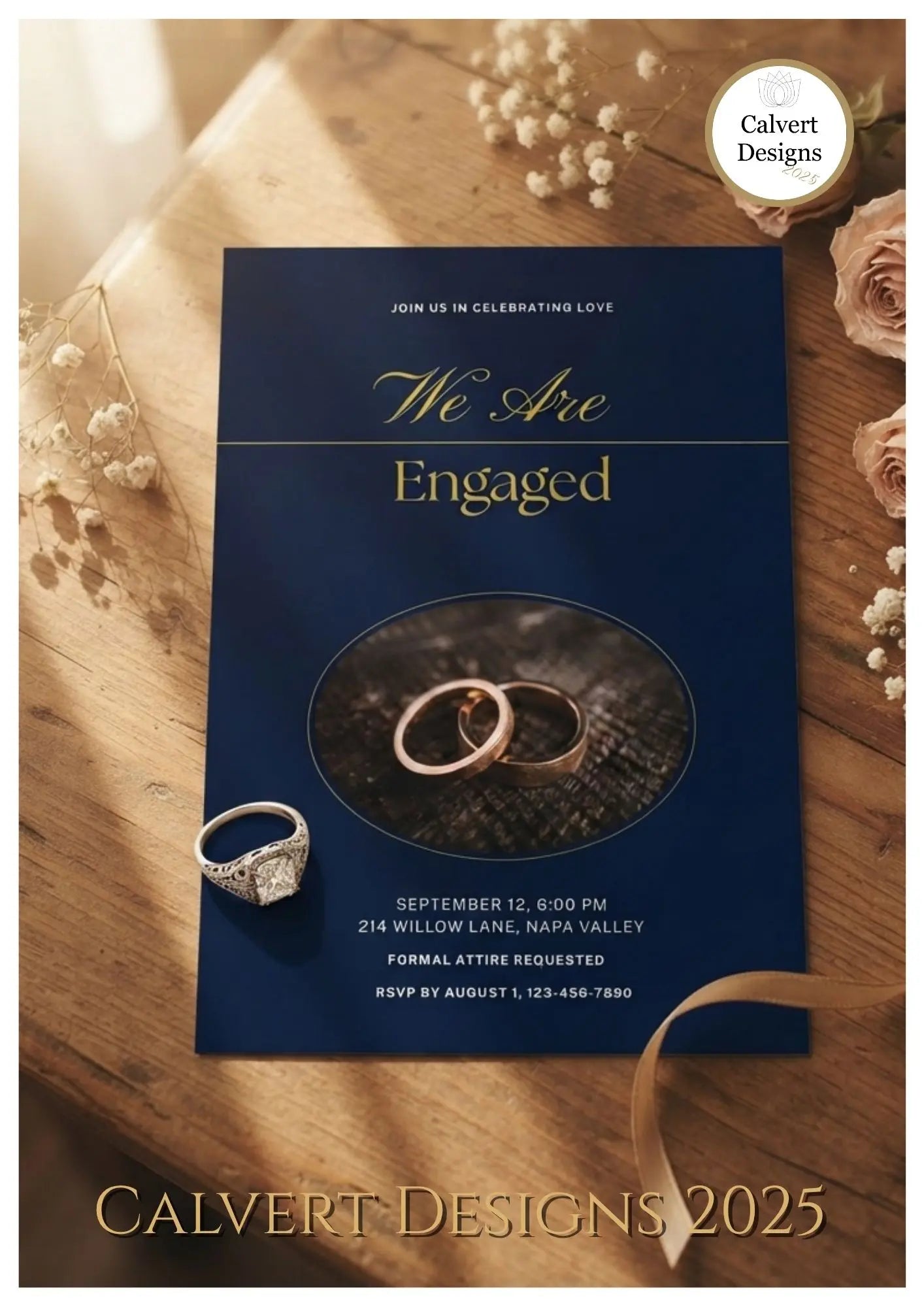 Navy & Gold Rustic Rings Engagement Invitation – Editable Canva Template