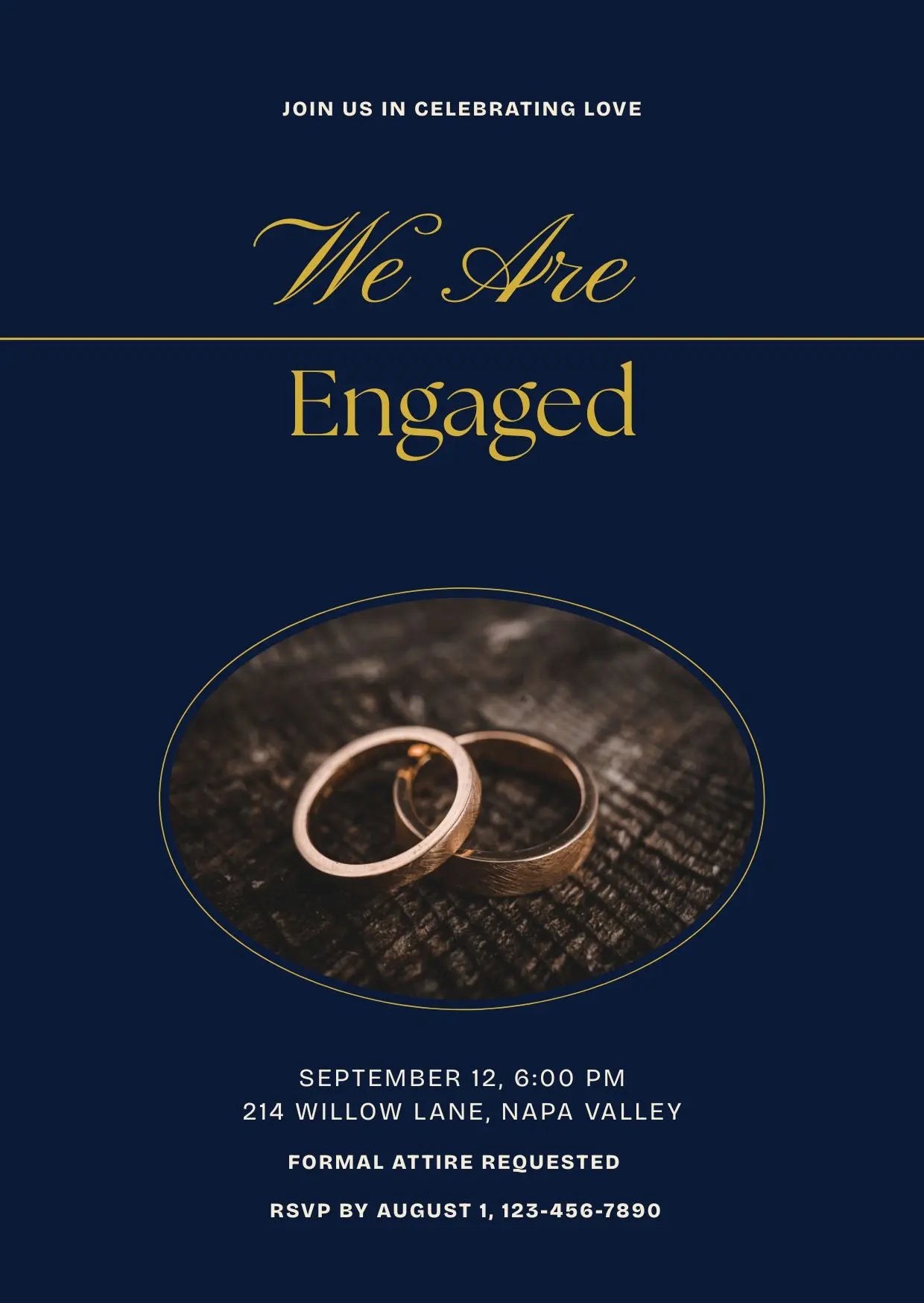 Navy & Gold Rustic Rings Engagement Invitation – Editable Canva Template