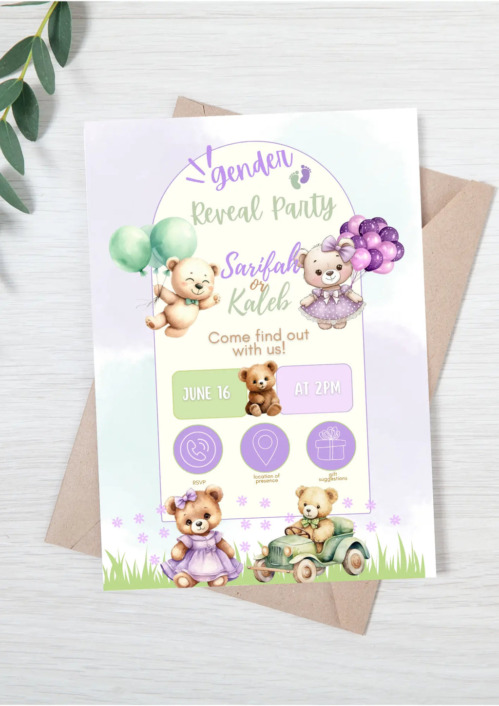 Teddy Bear Gender Reveal Invitation | Editable Canva Template | Sage & Lilac Printable Invite