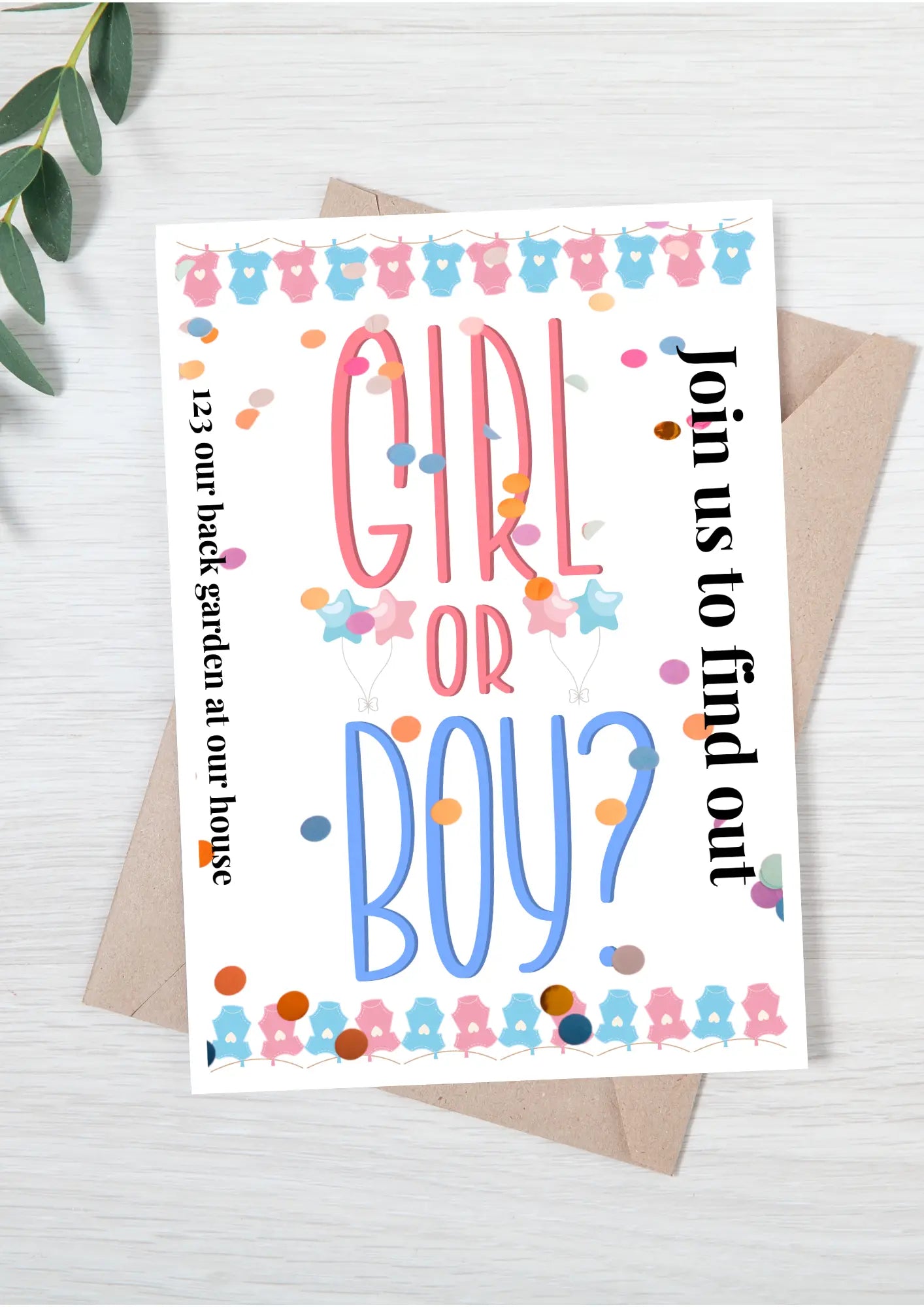 Girl or Boy Confetti Gender Reveal Invitation | Editable Canva Template | Printable Digital Download