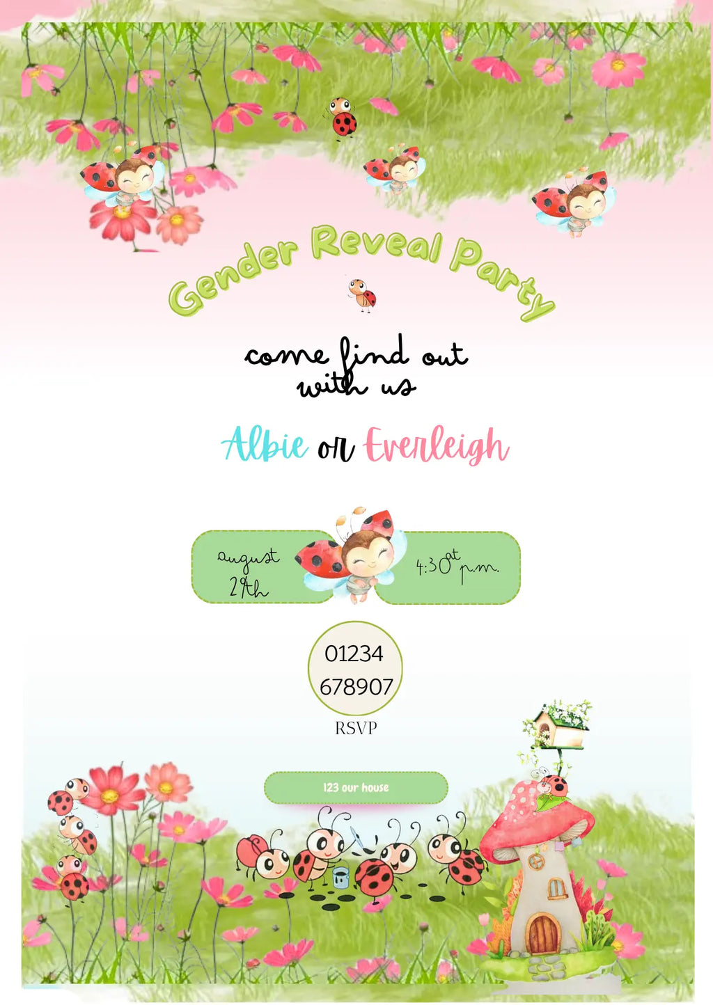 Ladybird Garden Gender Reveal Invitation | Editable Canva Template | Printable Digital Download