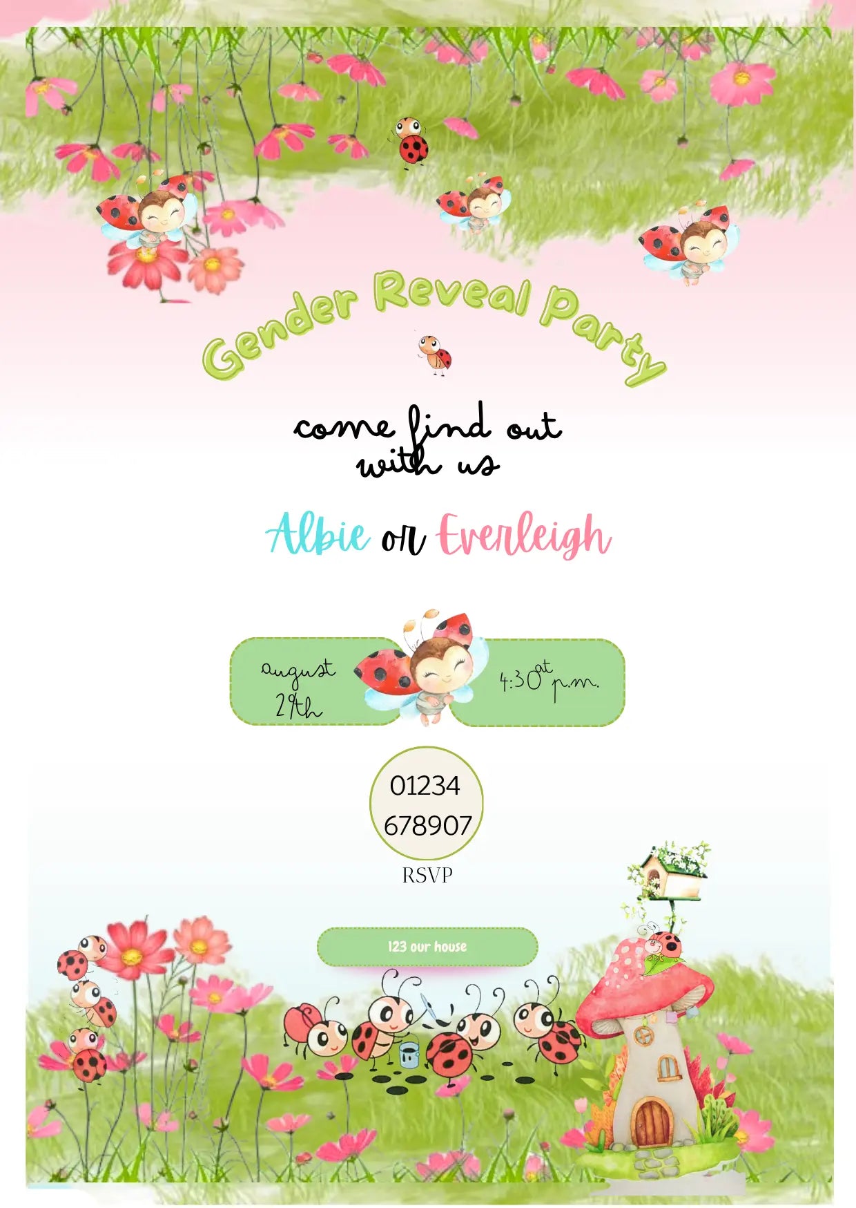 Ladybird Garden Gender Reveal Invitation | Editable Canva Template | Printable Digital Download