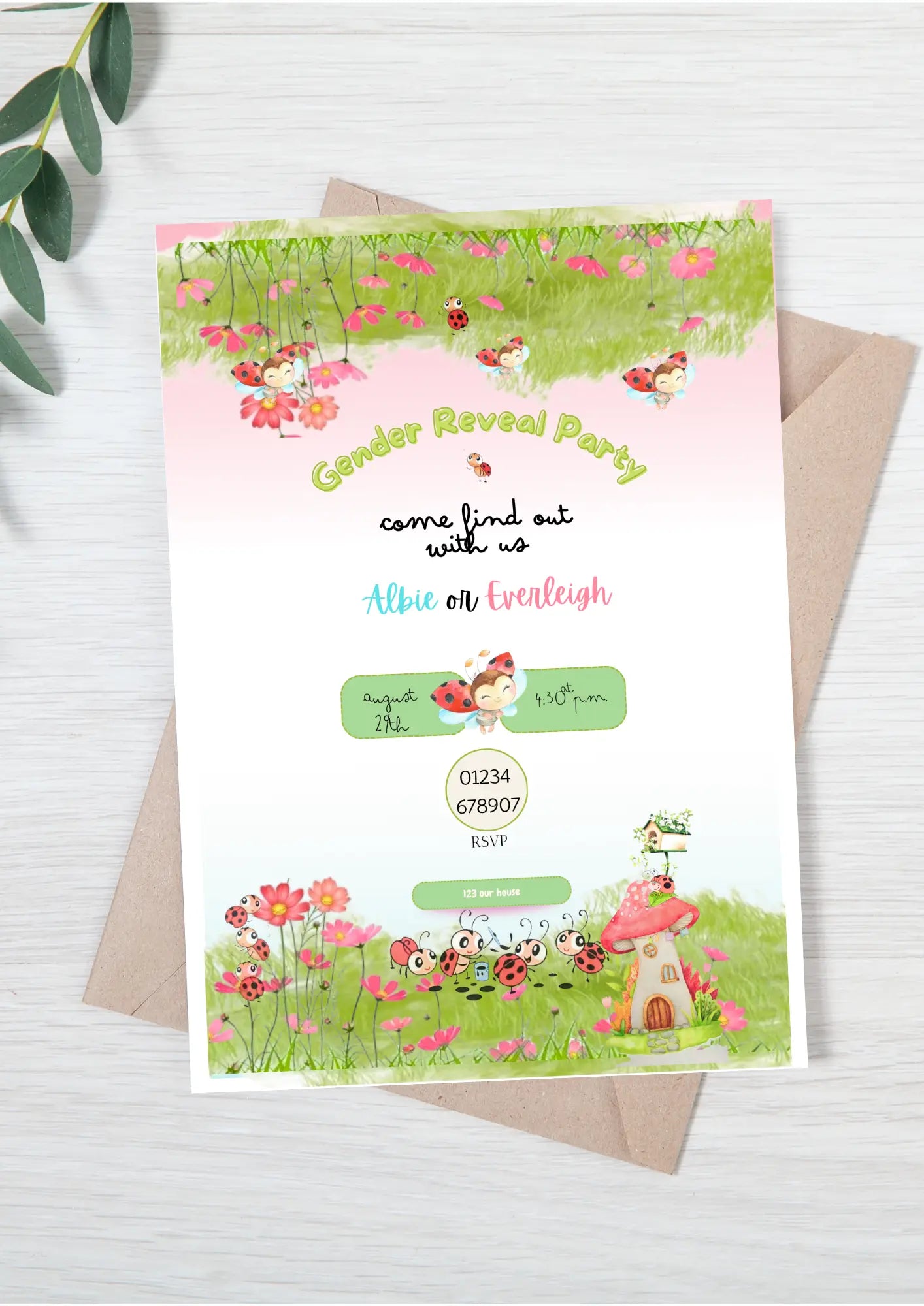 Ladybird Garden Gender Reveal Invitation | Editable Canva Template | Printable Digital Download