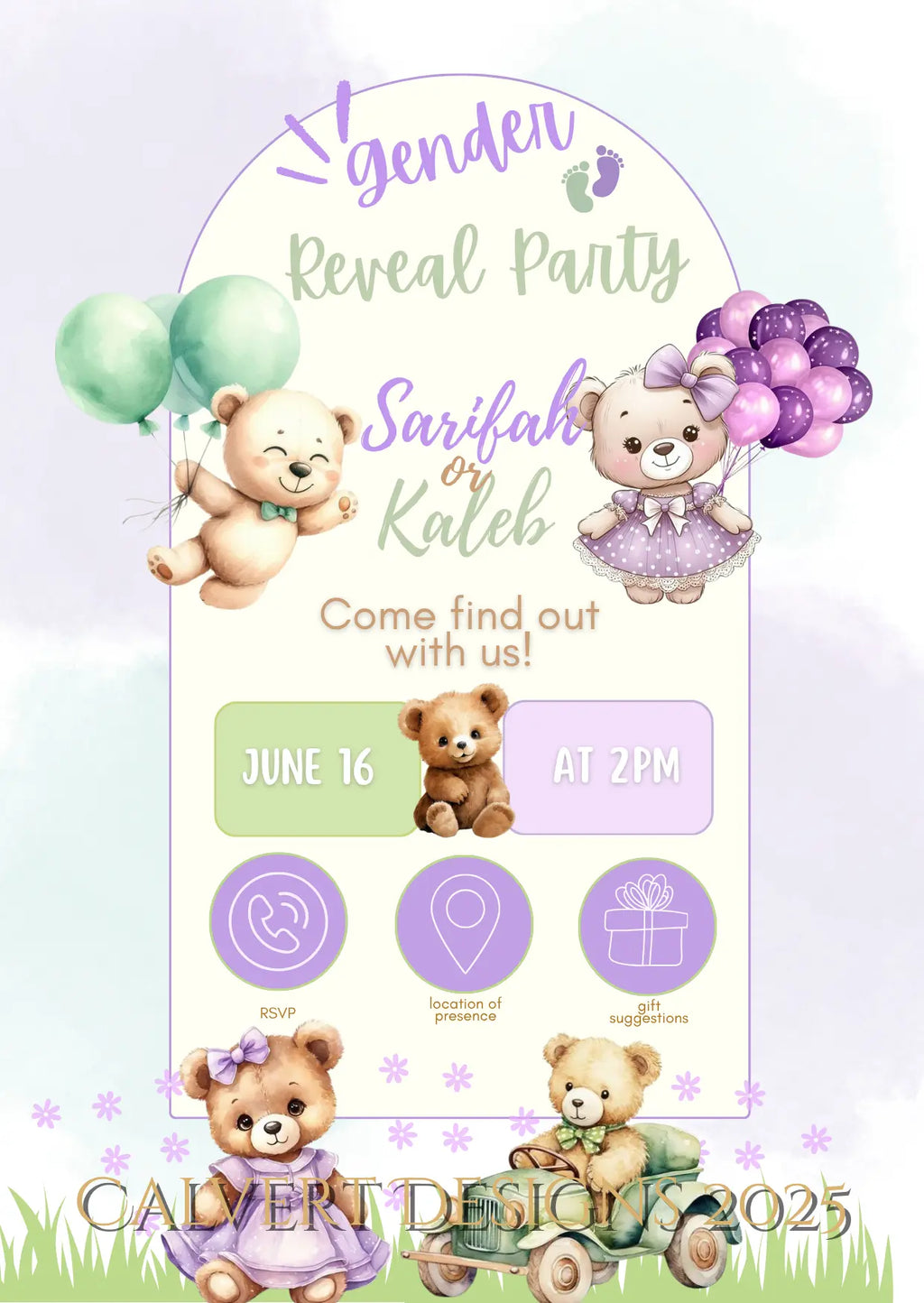 Teddy Bear Gender Reveal Invitation | Editable Canva Template | Sage & Lilac Printable Invite