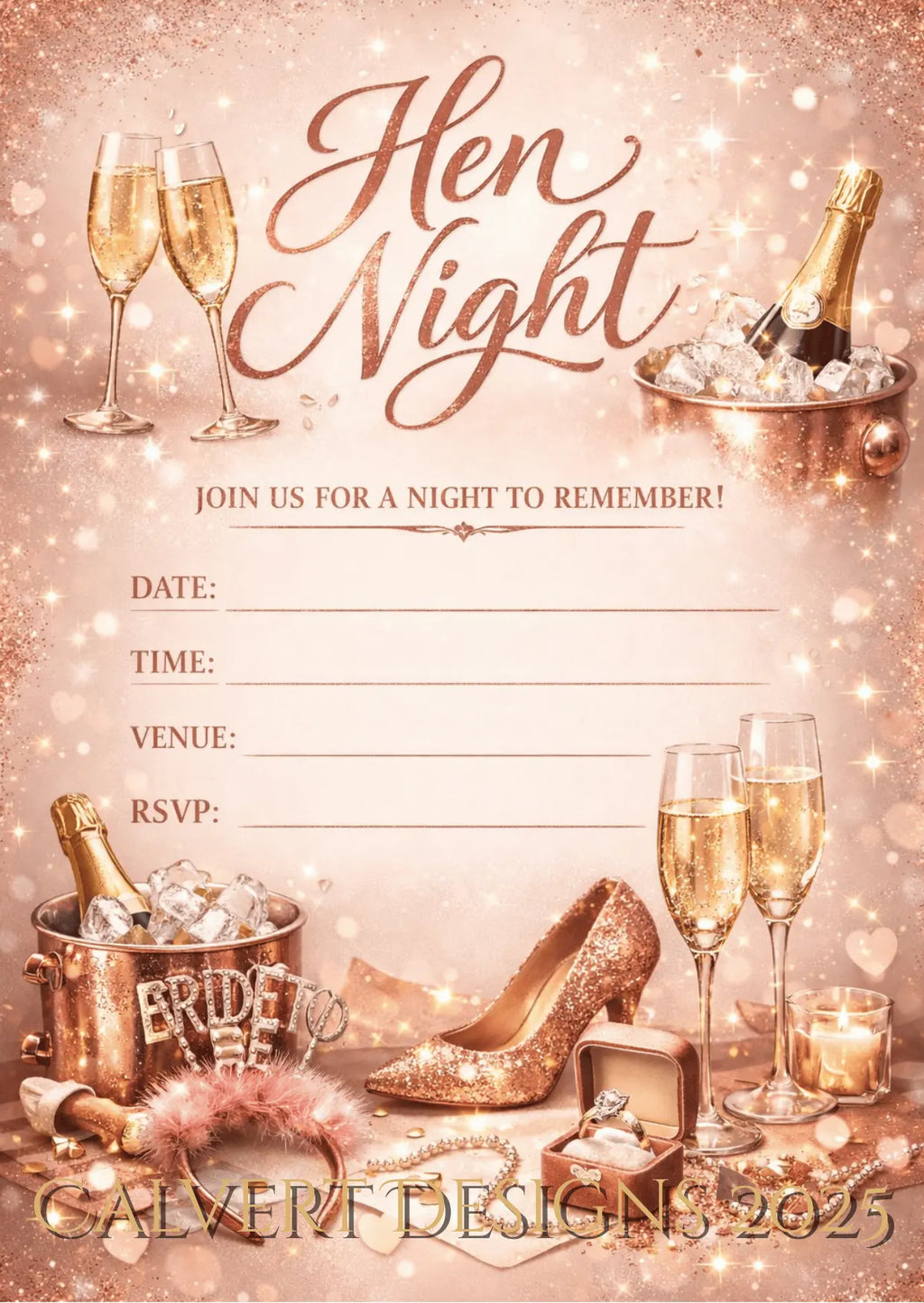 Rose Gold Glitter Hen Night Invitation | Editable Canva Template | Printable Digital Download