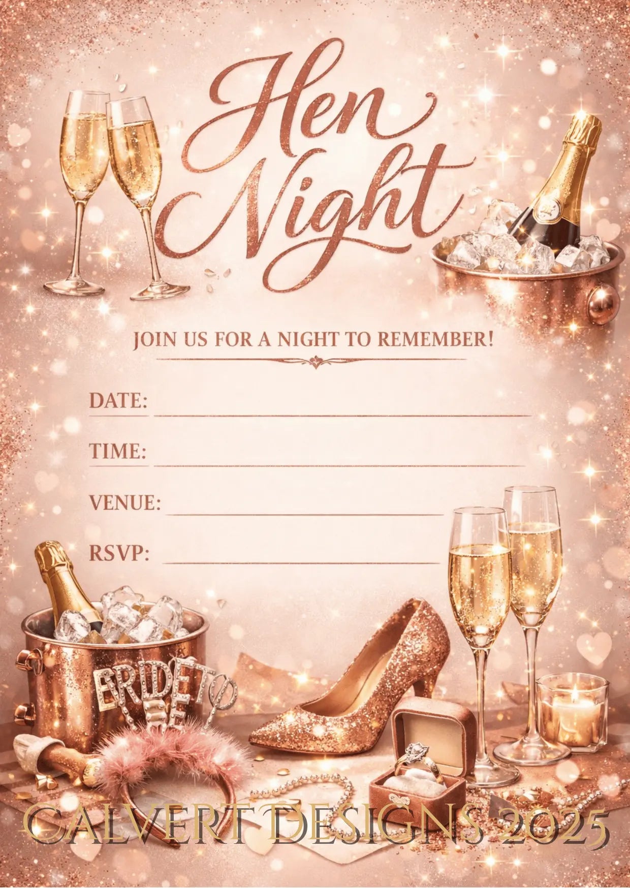 Rose Gold Glitter Hen Night Invitation | Editable Canva Template | Printable Digital Download
