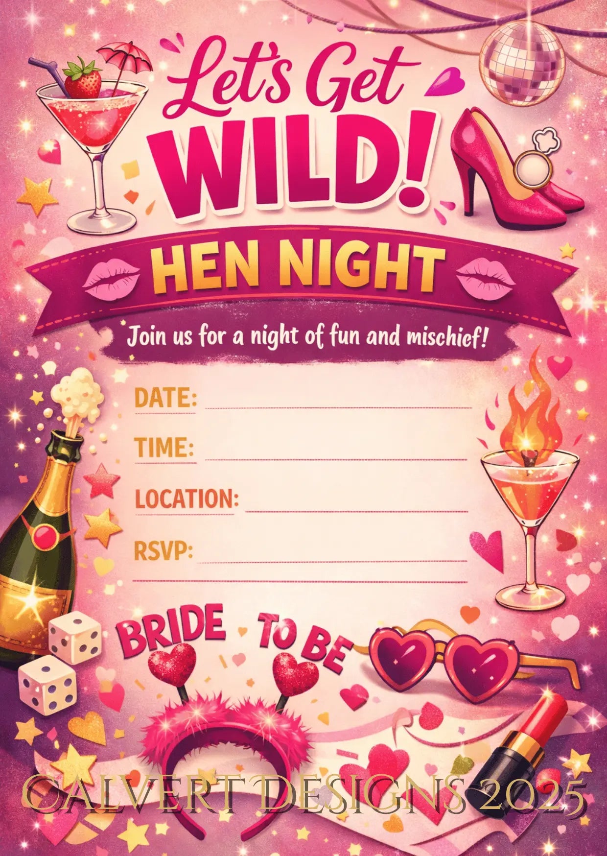 Let's Get Wild Hen Night Invitation | Editable Canva Template | Pink Disco Bride to Be Invite