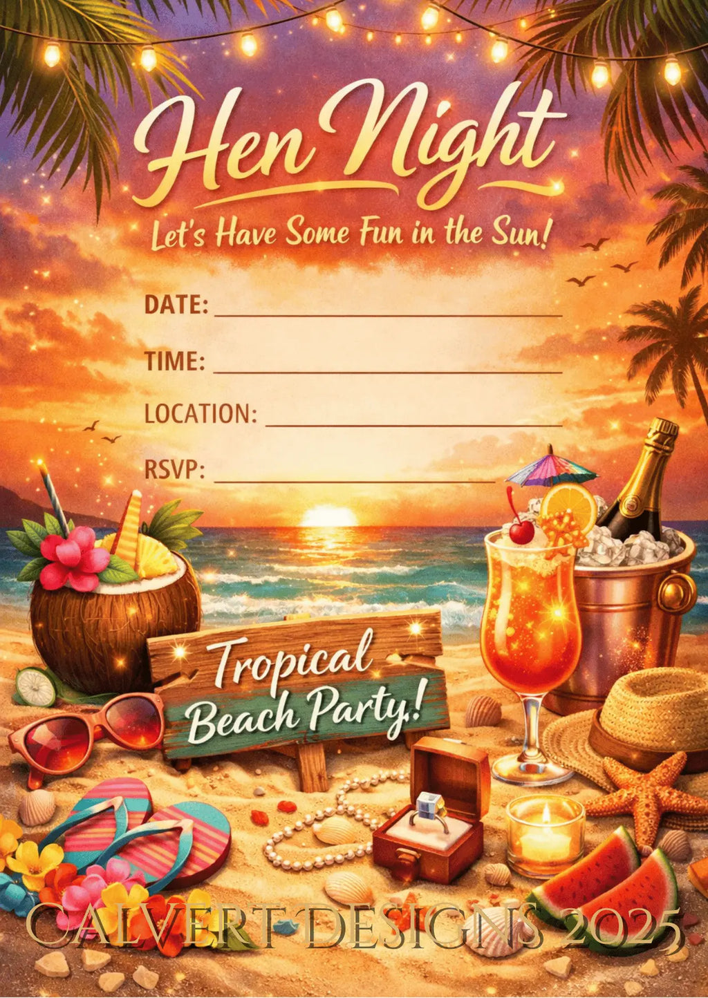Tropical Beach Party Hen Night Invitation | Editable Canva Template | Sunset Beach Hen Invite