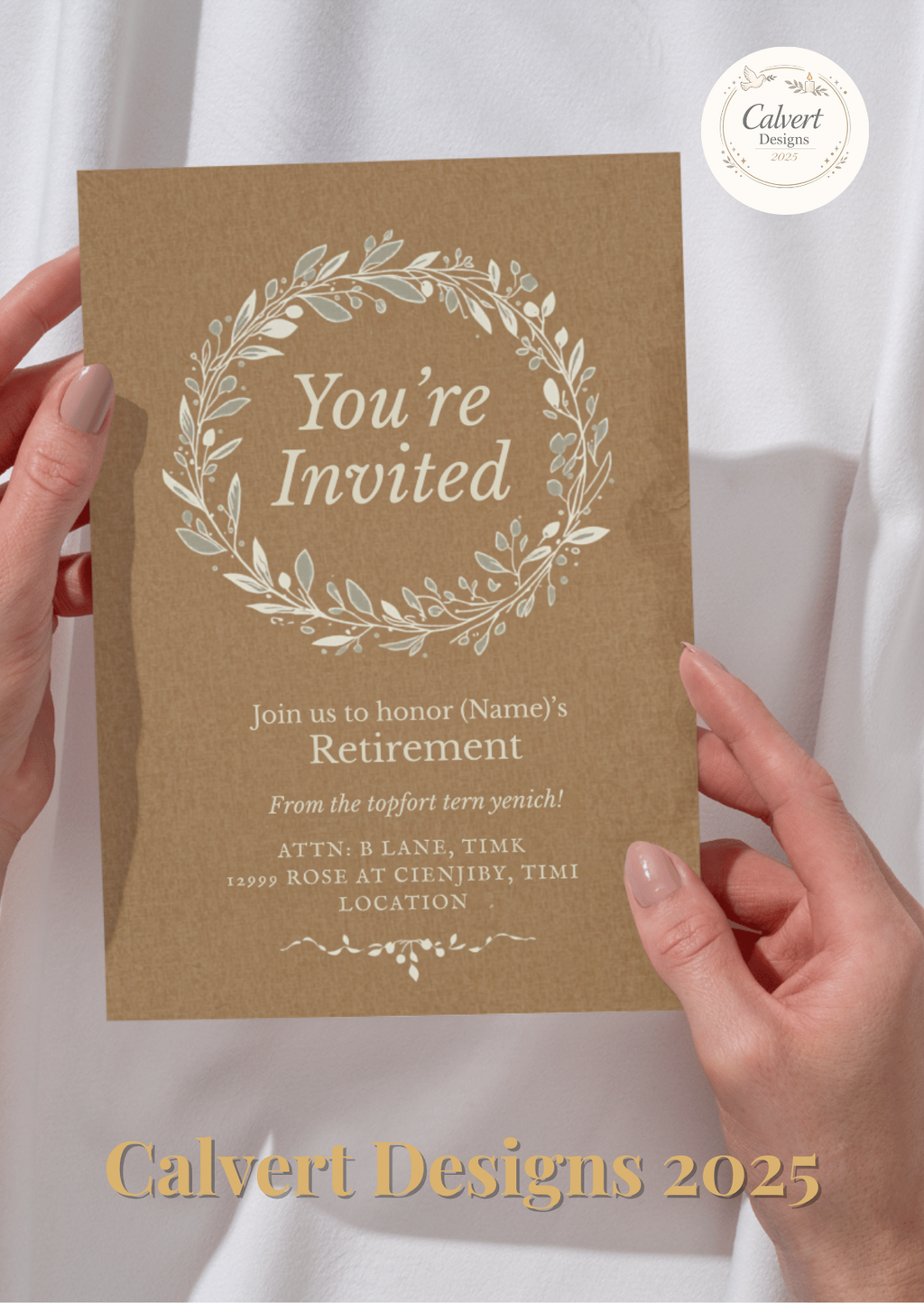 Kraft Wreath Retirement Party Invitation Template | Editable Canva | Rustic Botanical | Printable Instant Download UK