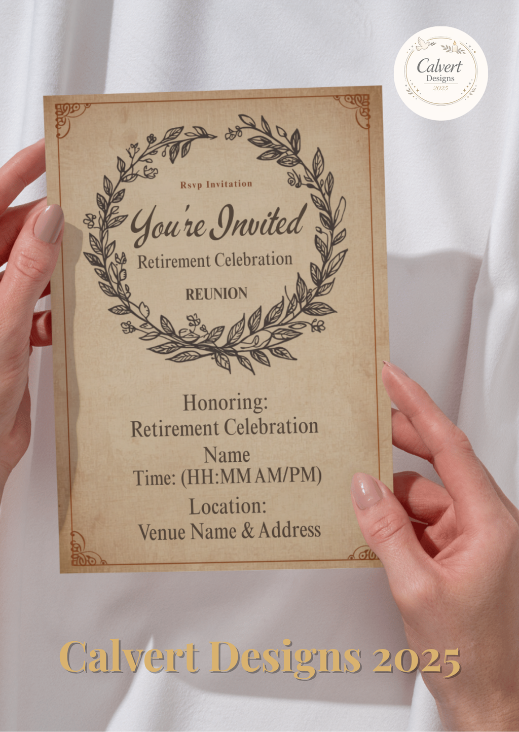 Vintage Parchment Wreath Retirement Celebration Invitation Template | Editable Canva | Rustic Classic | Printable Instant Download UK