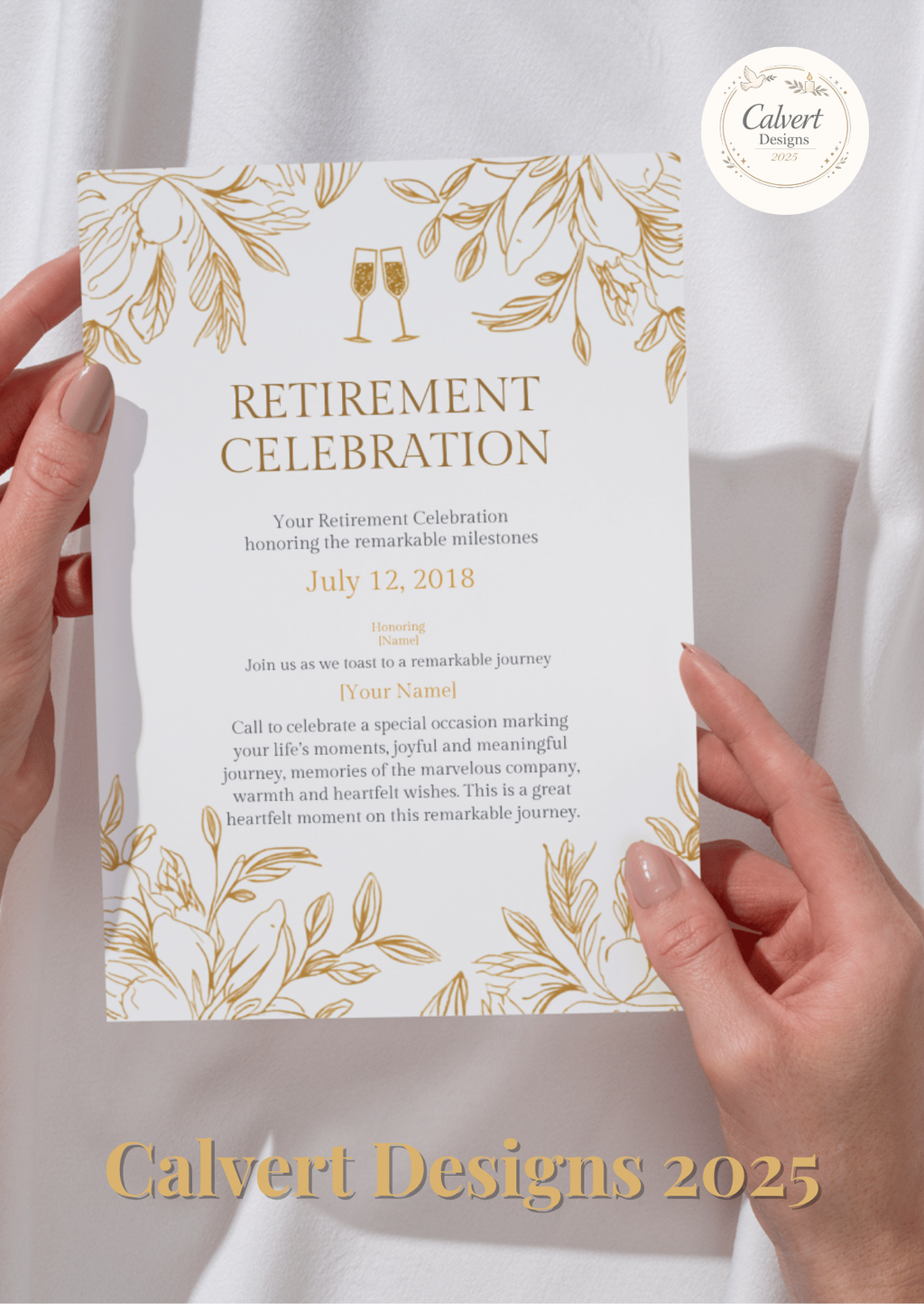 Gold Floral Champagne Retirement Celebration Invitation Template | Editable Canva | Elegant Luxury | Printable Instant Download UK