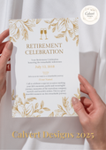 Gold Floral Champagne Retirement Celebration Invitation Template | Editable Canva | Elegant Luxury | Printable Instant Download UK