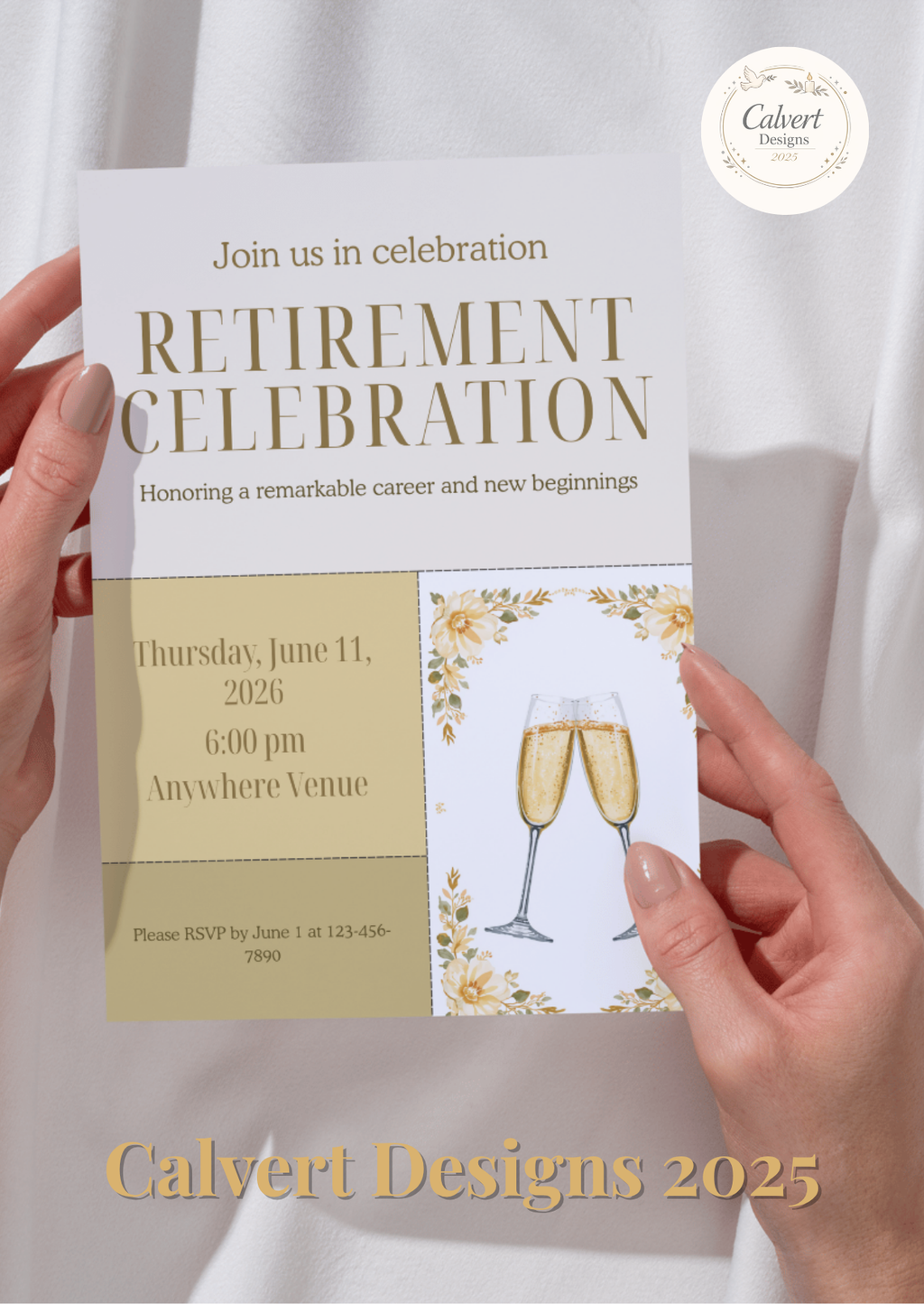 Modern Gold Champagne Retirement Celebration Invitation Template | Editable Canva | Elegant Split Panel | Printable Instant Download UK