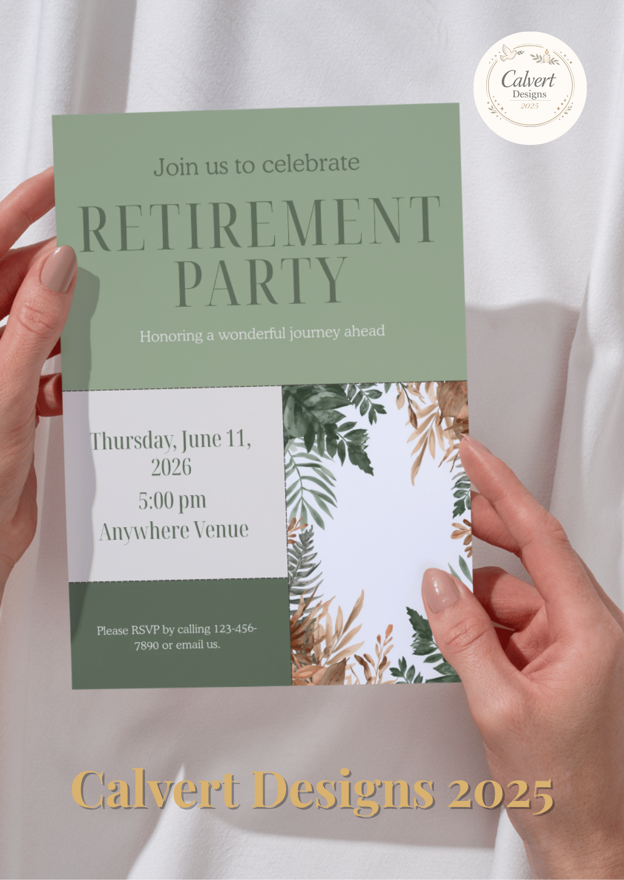 Modern Botanical Retirement Party Invitation Template | Editable Canva | Sage Green | Printable Instant Download UK