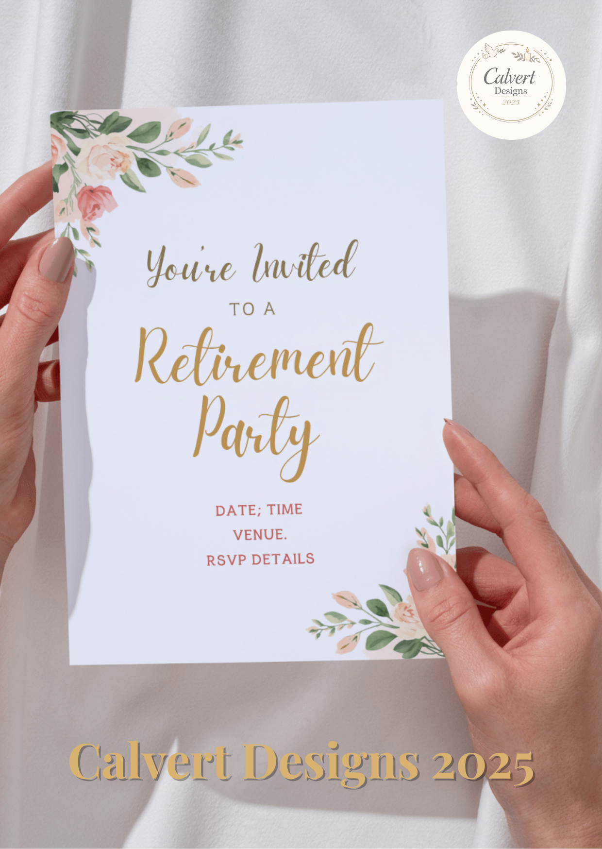 Blush Floral Retirement Party Invitation Template | Editable Canva | Pink Roses Gold Script | Printable Instant Download UK