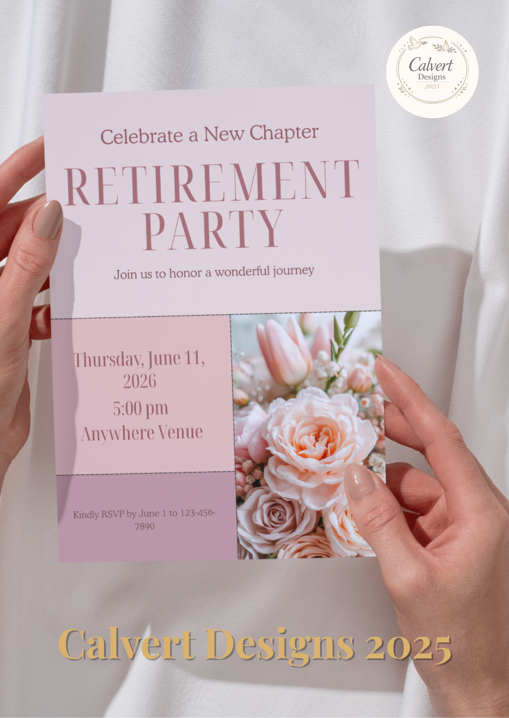Modern Blush Rose Retirement Party Invitation Template | Editable Canva | Dusty Pink Floral | Printable Instant Download UK