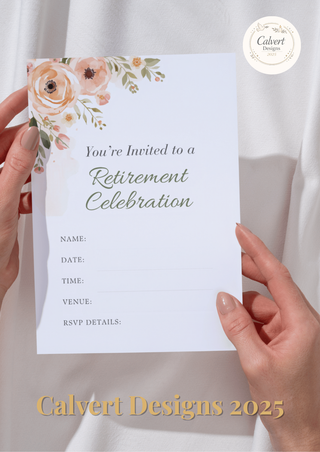 Watercolour Peach Blossom Retirement Celebration Invitation Template | Editable Canva | Soft Floral | Printable Instant Download UK