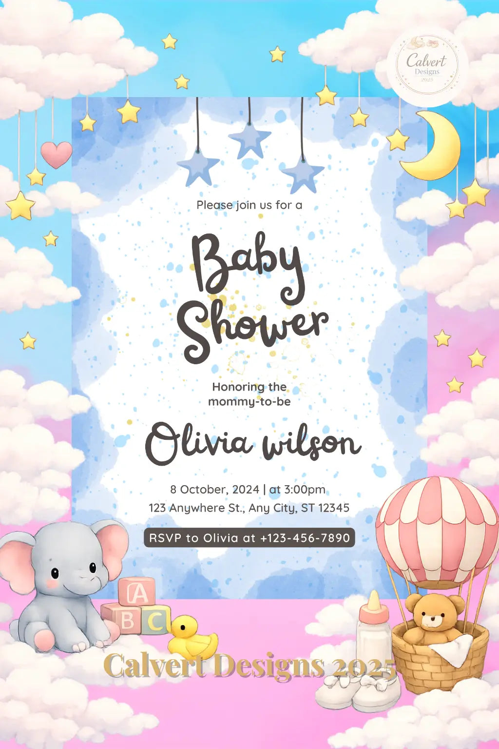 Blue stars baby shower invitation mockup — editable Canva template shown on card