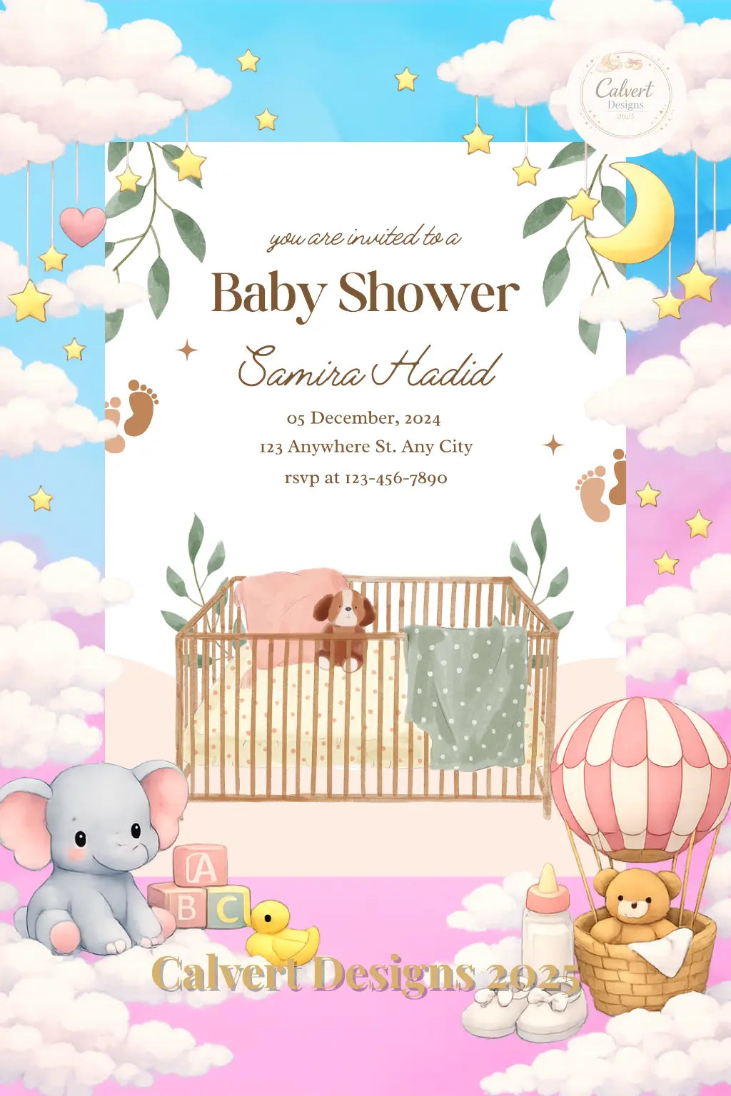Baby crib botanical baby shower invitation mockup — editable Canva template shown on card