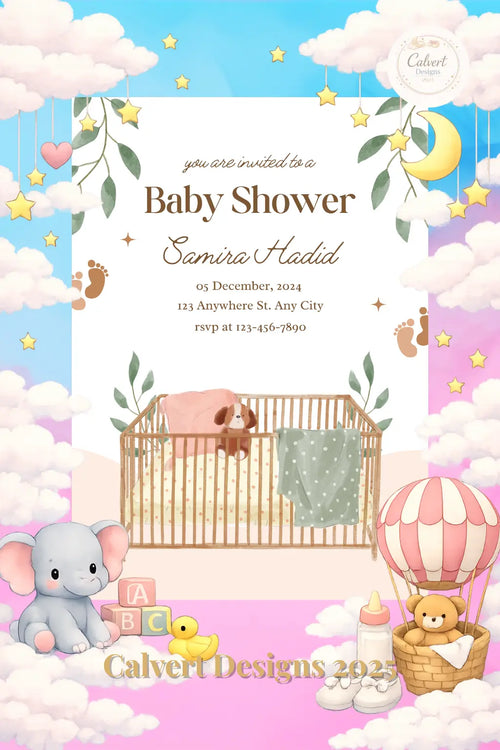 Baby crib botanical baby shower invitation mockup — editable Canva template shown on card