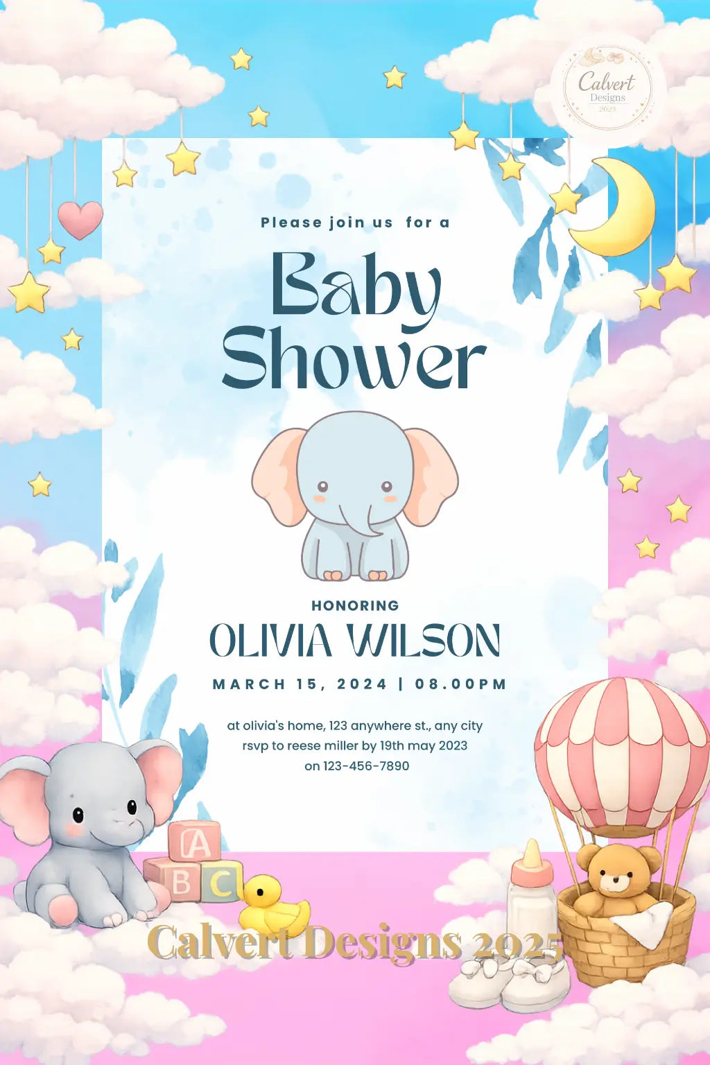 Blue elephant baby shower invitation mockup — editable Canva template shown on card