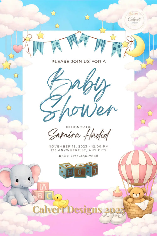 Blue bunting baby boy shower invitation mockup — editable Canva template shown on card