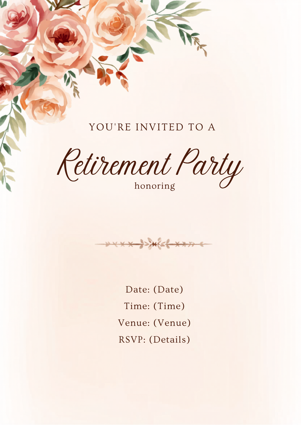 Vintage Rose Garden Retirement Party Invitation Template | Editable Canva | Blush Floral | Printable Instant Download UK