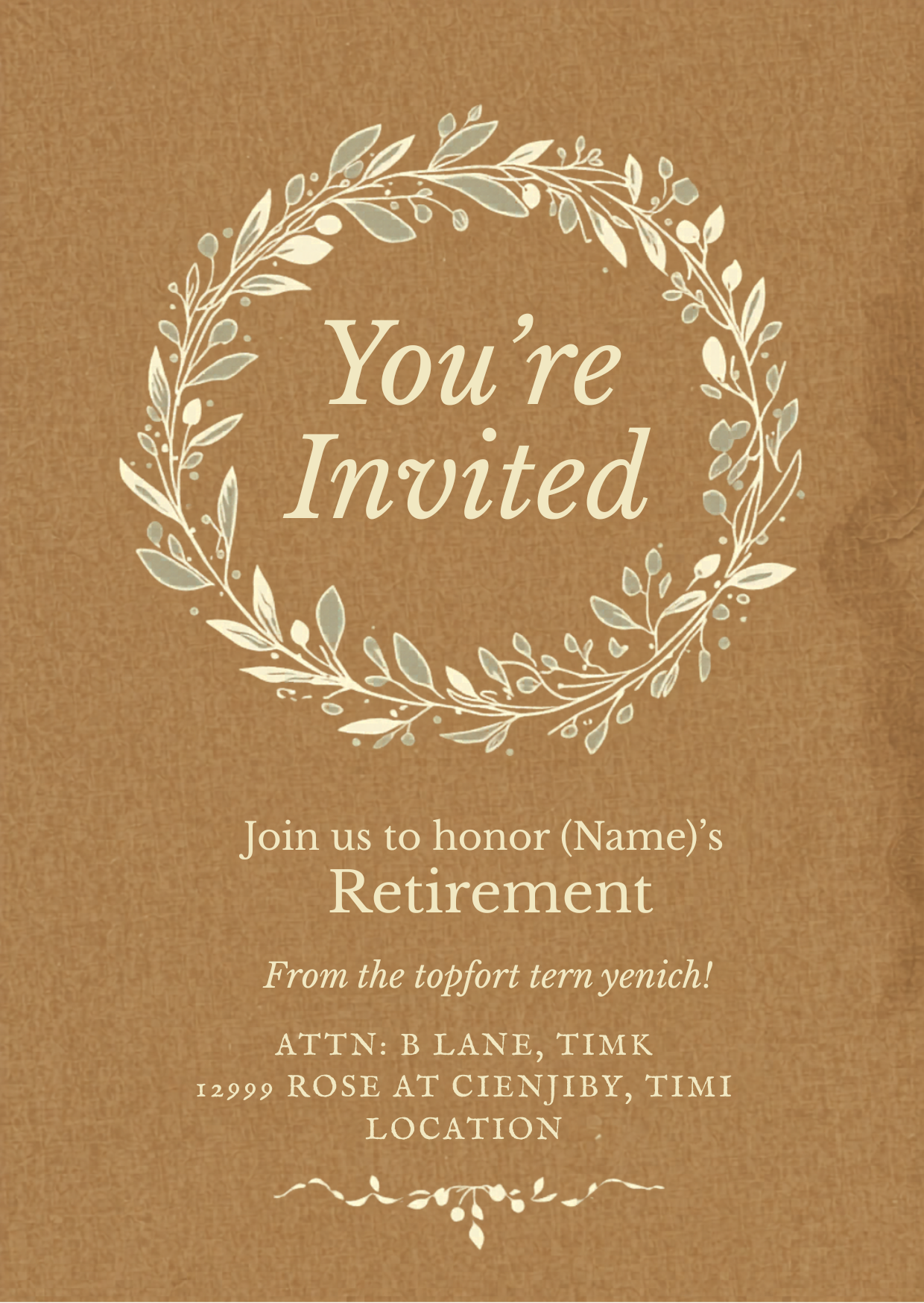 Kraft Wreath Retirement Party Invitation Template | Editable Canva | Rustic Botanical | Printable Instant Download UK