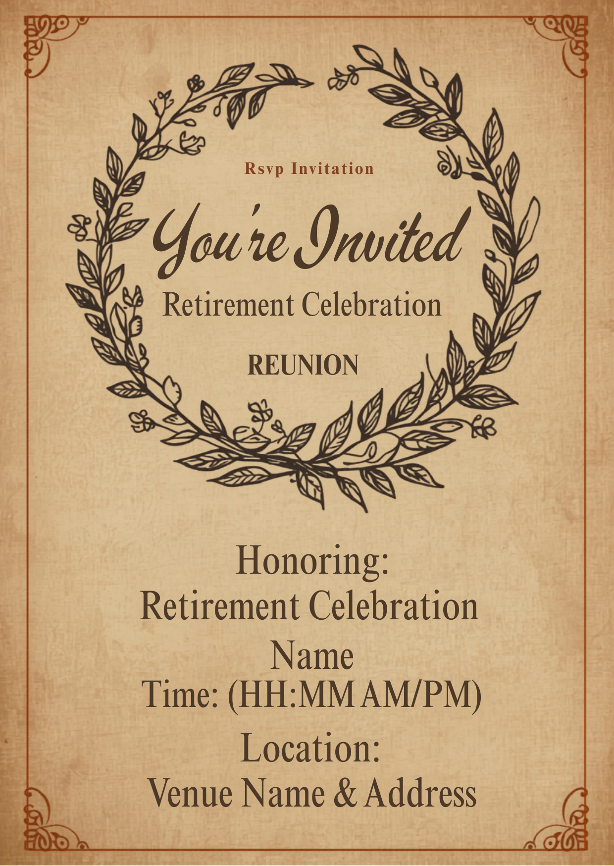 Vintage Parchment Wreath Retirement Celebration Invitation Template | Editable Canva | Rustic Classic | Printable Instant Download UK