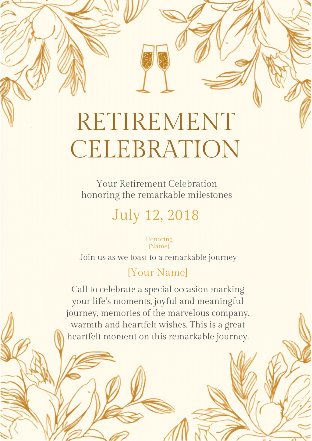 Gold Floral Champagne Retirement Celebration Invitation Template | Editable Canva | Elegant Luxury | Printable Instant Download UK
