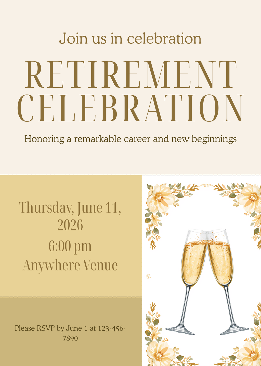 Modern Gold Champagne Retirement Celebration Invitation Template | Editable Canva | Elegant Split Panel | Printable Instant Download UK