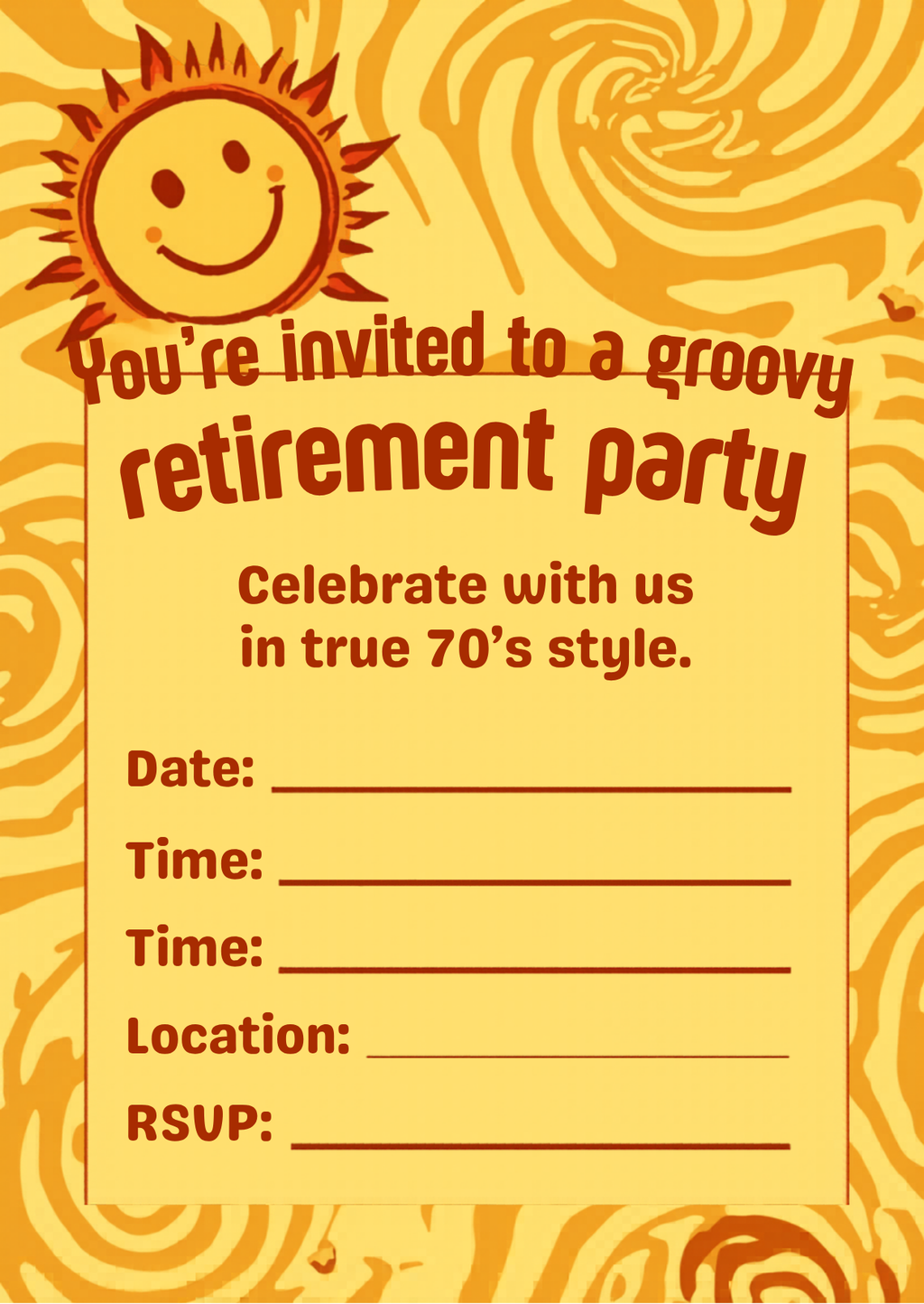 Groovy 70s Sun Retirement Party Invitation Template | Editable Canva | Fun Retro | Printable Instant Download UK