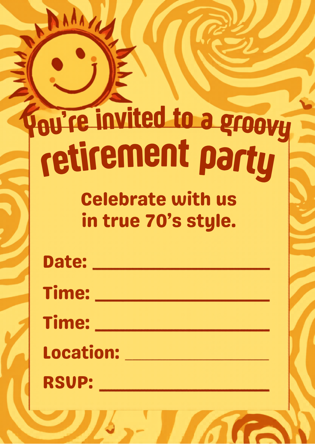 Groovy 70s Sun Retirement Party Invitation Template | Editable Canva | Fun Retro | Printable Instant Download UK