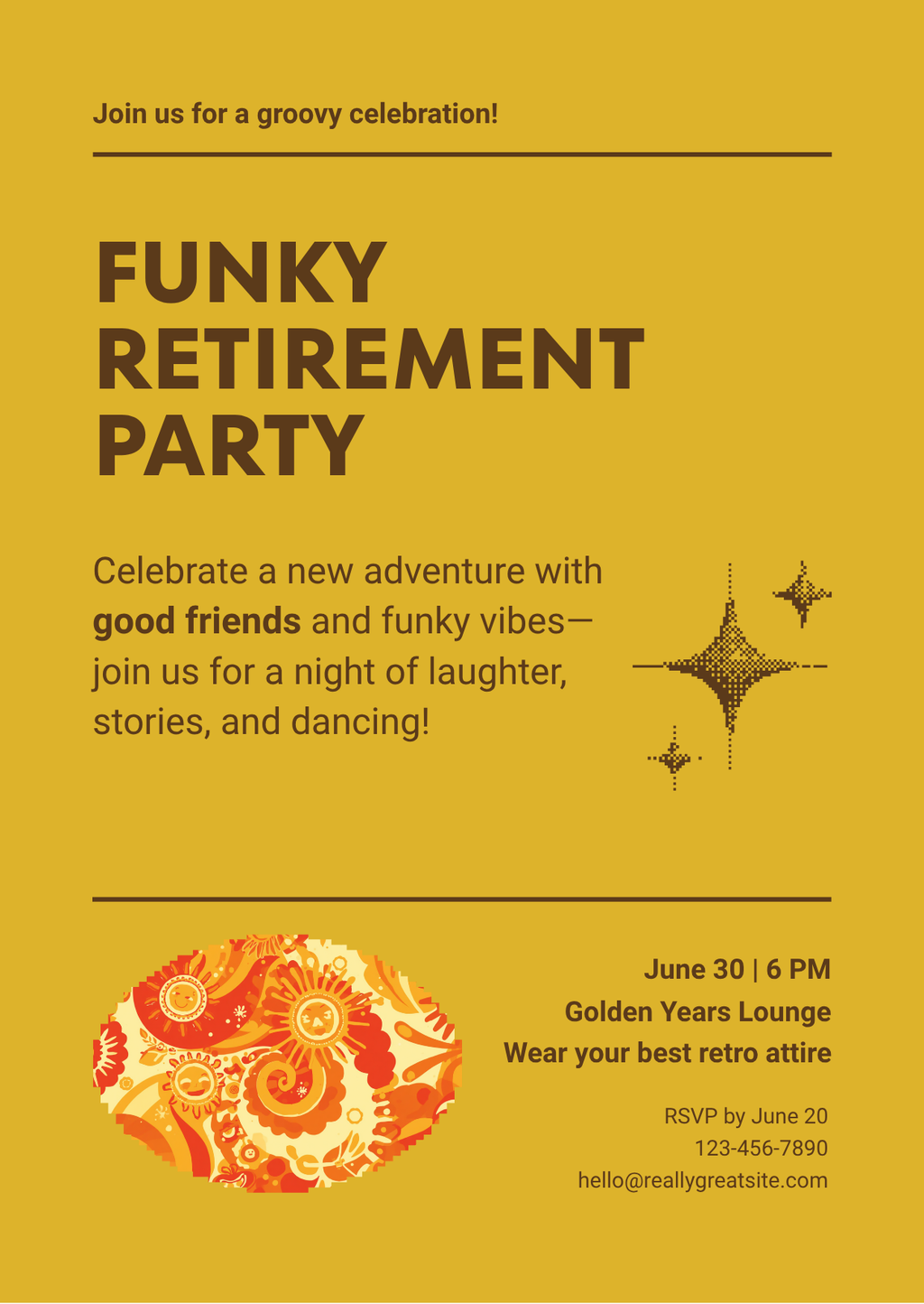 Funky Retro Retirement Party Invitation Template | Editable Canva | Bold Mustard | Printable Instant Download UK